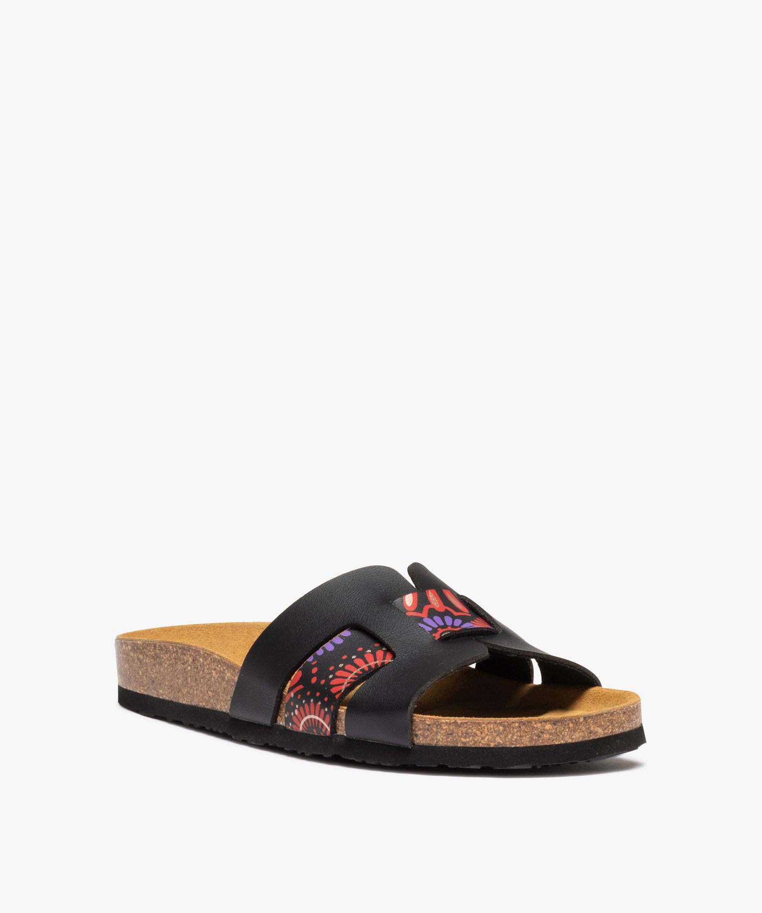 Mules femme à bandeau ajouré avec imprimé à fleurs noir | GEMO