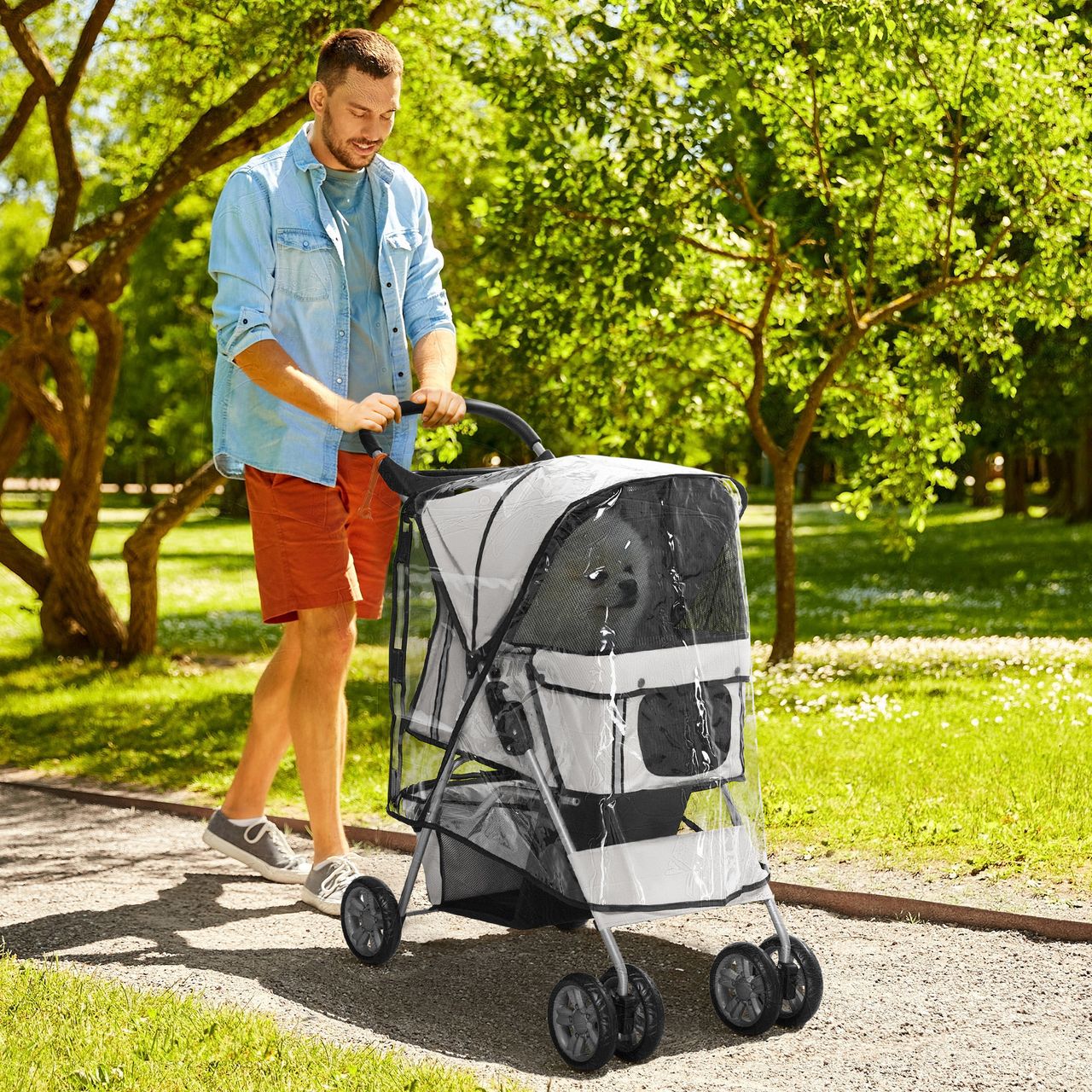 PawHut Hundetrolley, faltbarer Hundebuggy, Hundewagen mit Regenverdeck, Grau