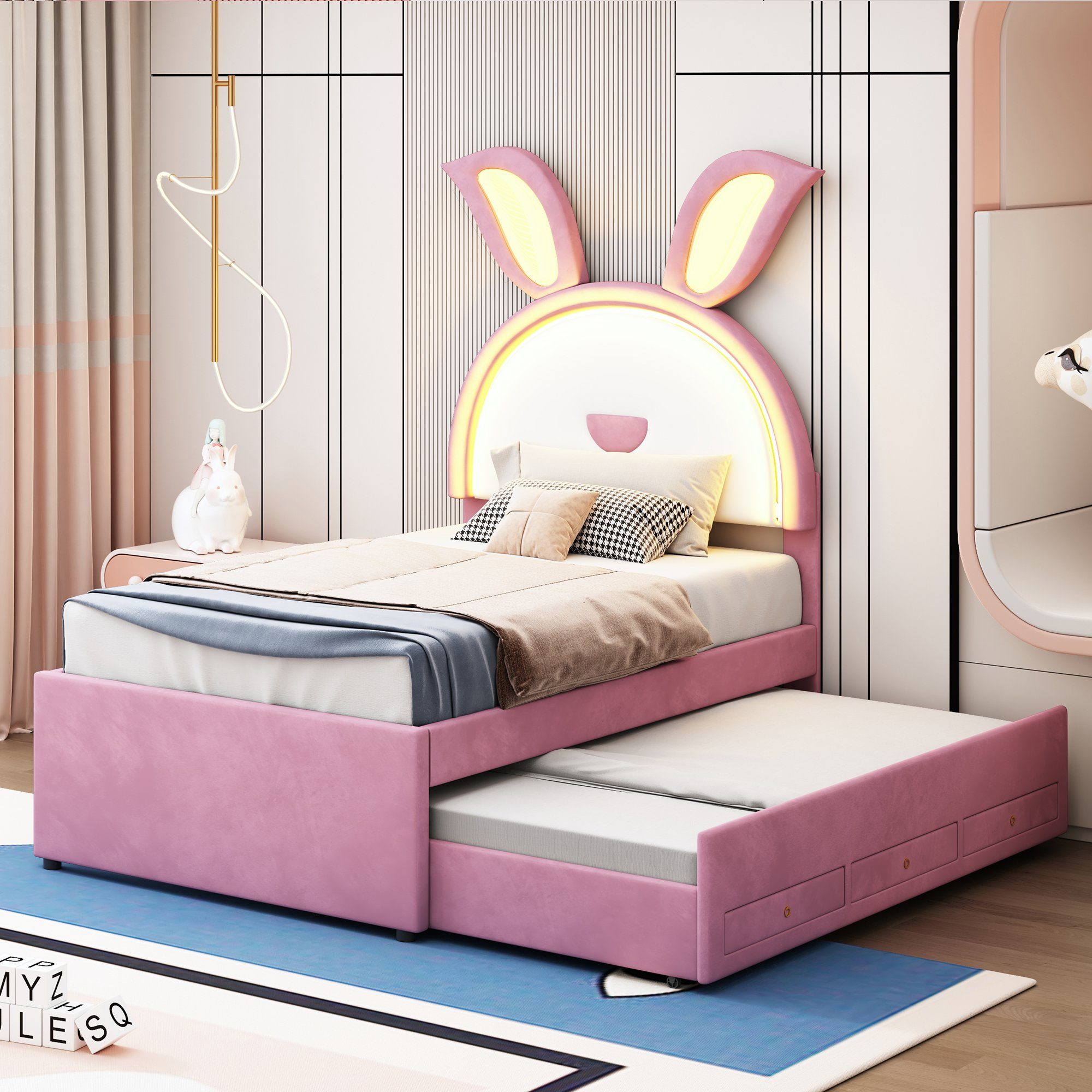 OKWISH Kinderbett Stauraumbett Gästebett Bett Polsterbett (Samtstoff Multifunktionales gepolstertes Einzelbett-Schlafsofa, mit ausziehbarem Bett, Stauraumschublade und farbwechselndem LED-Licht), ohne Matratze, 90 x 200 cm