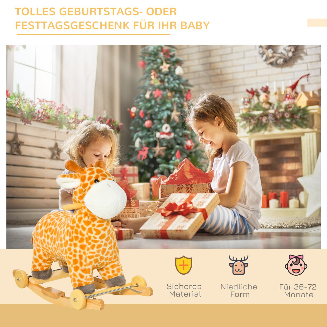 HOMCOM 2-IN-1 Schaukelpferd mit Räder Plüsch Schaukeltier Babyschaukel Spielzeug für 36-72 Monaten Giraffen-Design Gelb 63 x 38 x 63 cm