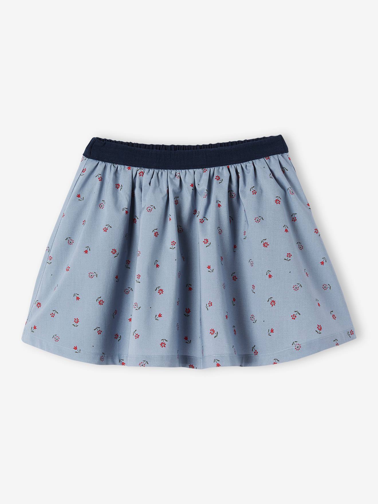 Jupe réversible fille en gaze de coton et imprimé fleurs bleu