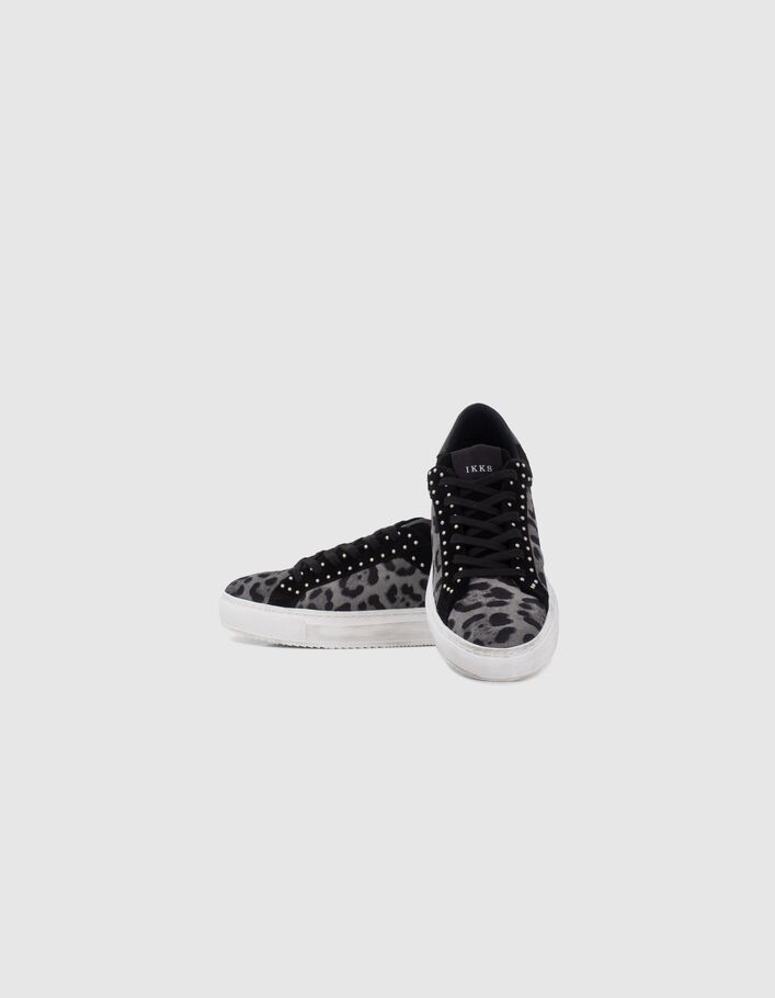 Sneakers noires cuir velours motif léopard et clous Femme