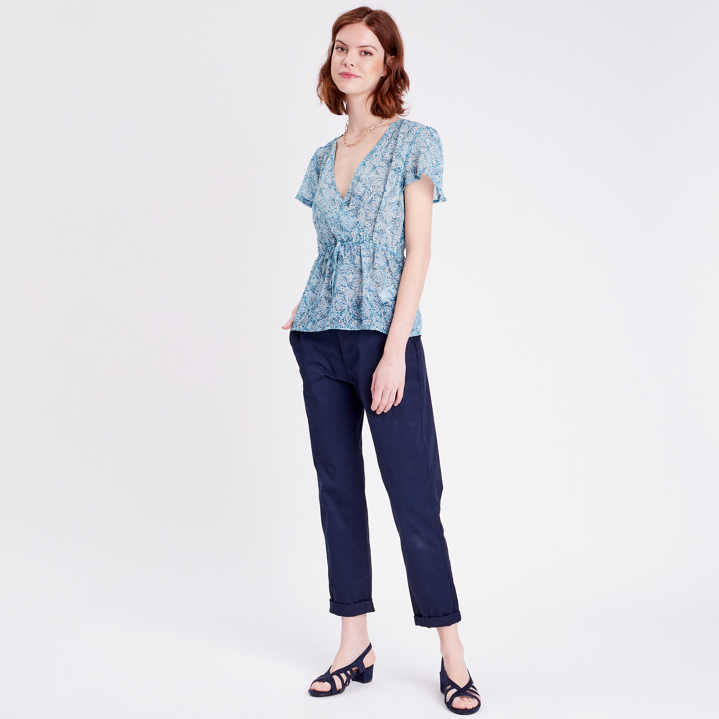 Blouse cintrée col cache-coeur bleu femme | Cache Cache