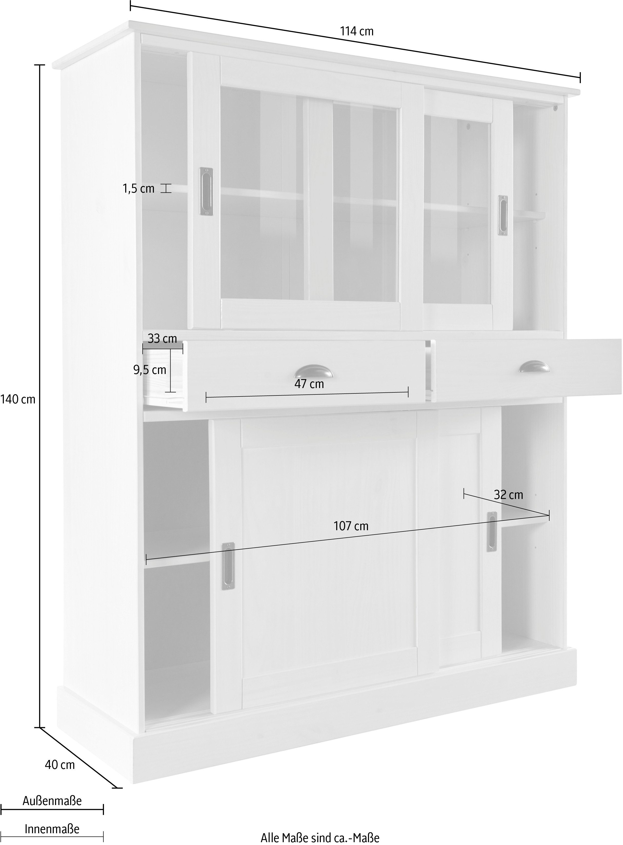 Home affaire Highboard Schröder, mit 2 Glas- u. 2 Holztüren, 2 Schubkasten, aus massivem Kiefernholz