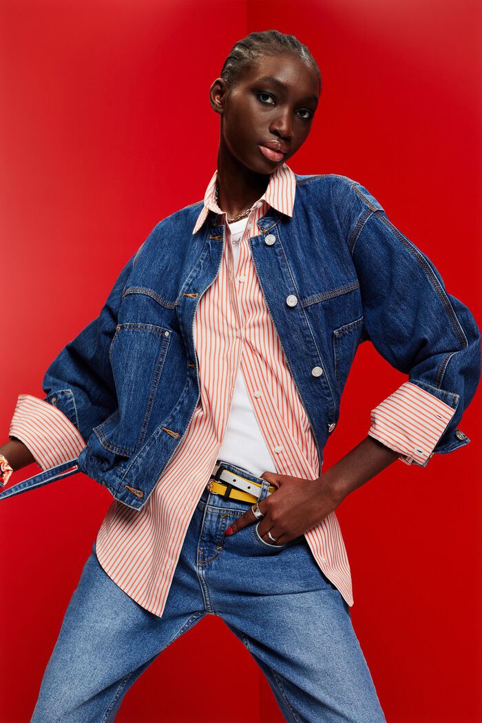 Kragenlose Jeansjacke mit Kordelzug