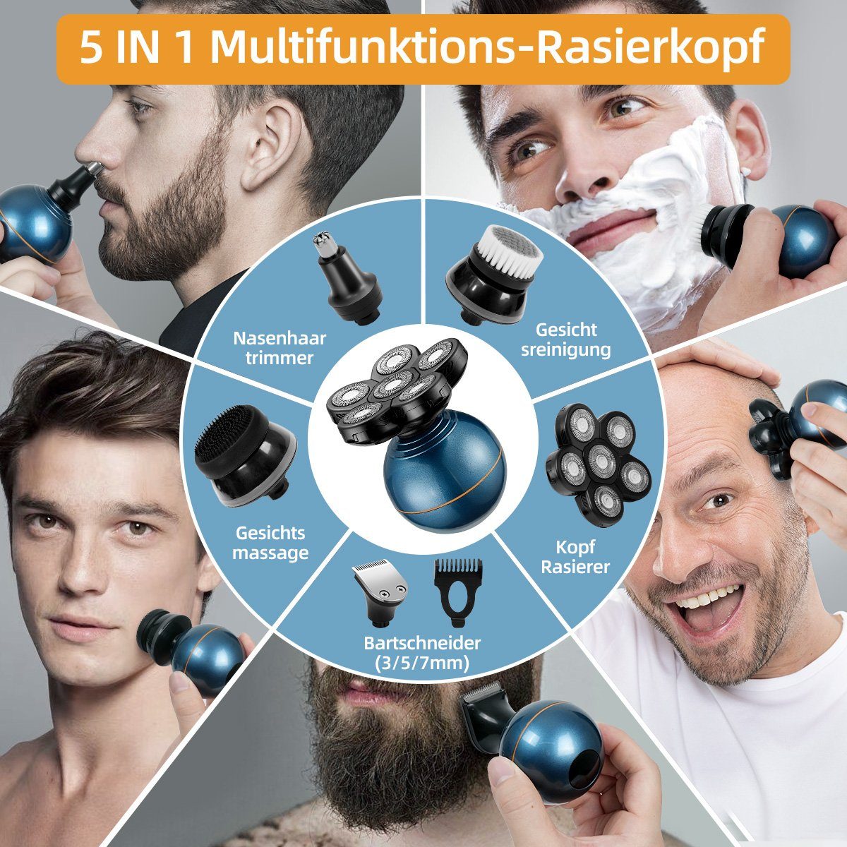 7Magic Glatzen-Rasierer Herren elektrisch Rasierer Elektrorasierer, Bartschneider, mit 6 Scherköpfe, 5 in 1 Bart Nasenhaar Trimmer Pflege Kit, IPX6 Wasserdichter, LCD Display