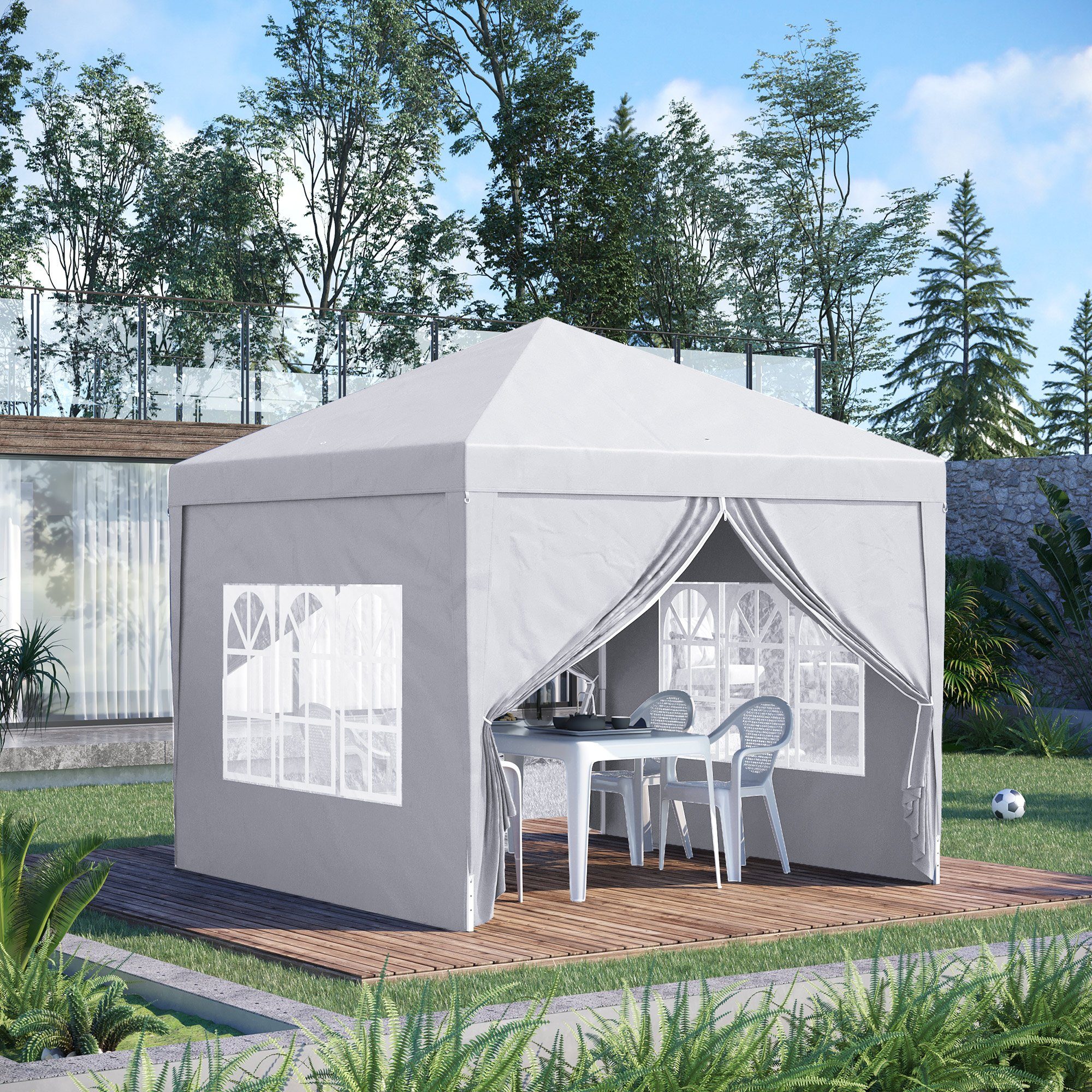 Outsunny Faltpavillon ca. 3 x 3 m Pavillon Partyzelt, Bierzelt mit 4 Seitenwänden, Fenster, mit 4 Seitenteilen, (Gartenzelt, Festzelt), für Garten, Terrasse, Stahl Oxford, Weiß