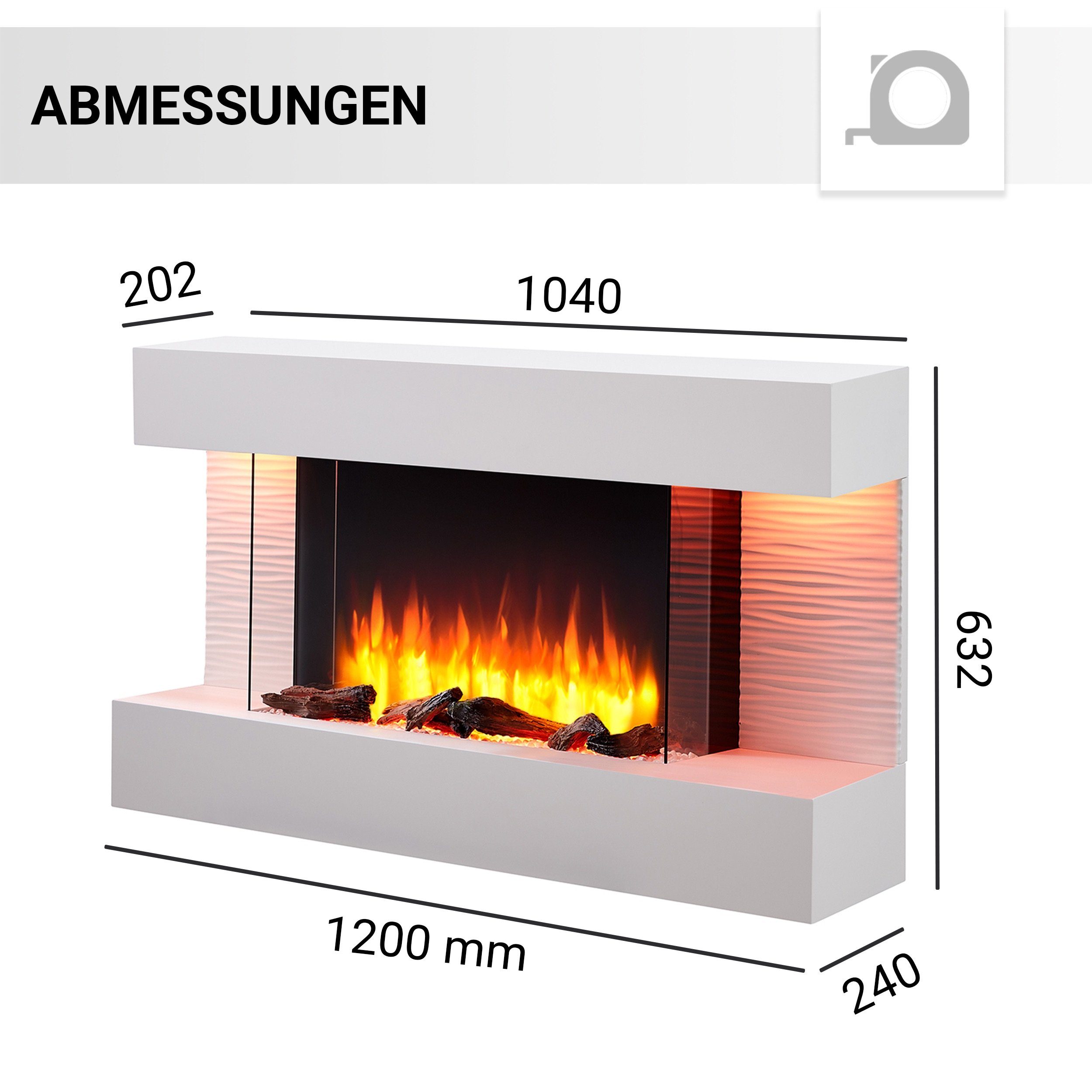 RICHEN Elektrokamin Elis, Wandkamin mit Heizung 2000W, 3D-Flammeneffekt, LED-Beleuchtungs, Fernbedienung, Timer, Thermostat