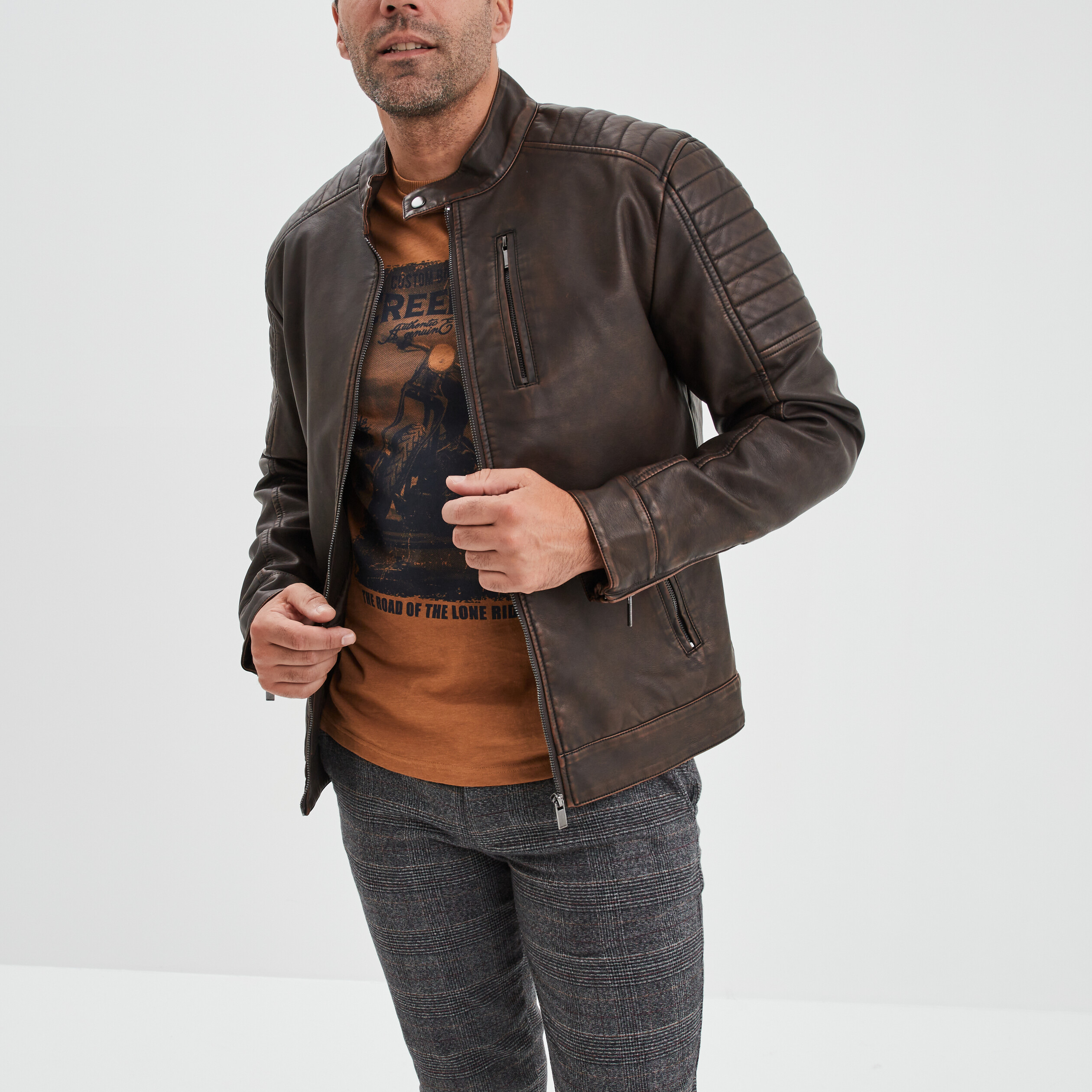 Blouson doublé droit biker à col montant marron homme | La Halle