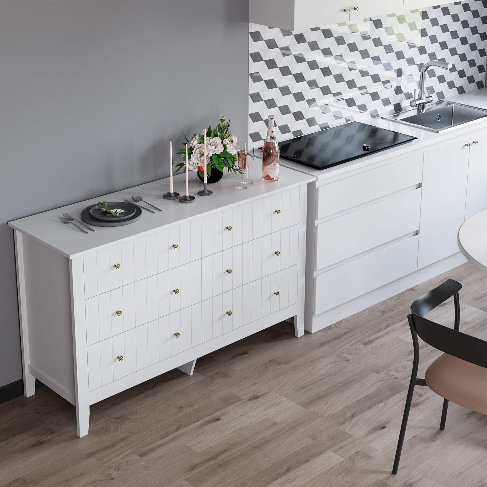 Homfa Kommode, Sideboard, Kommodenschrank, mit 6 Schubladen, weiß, 133x45x79,5cm