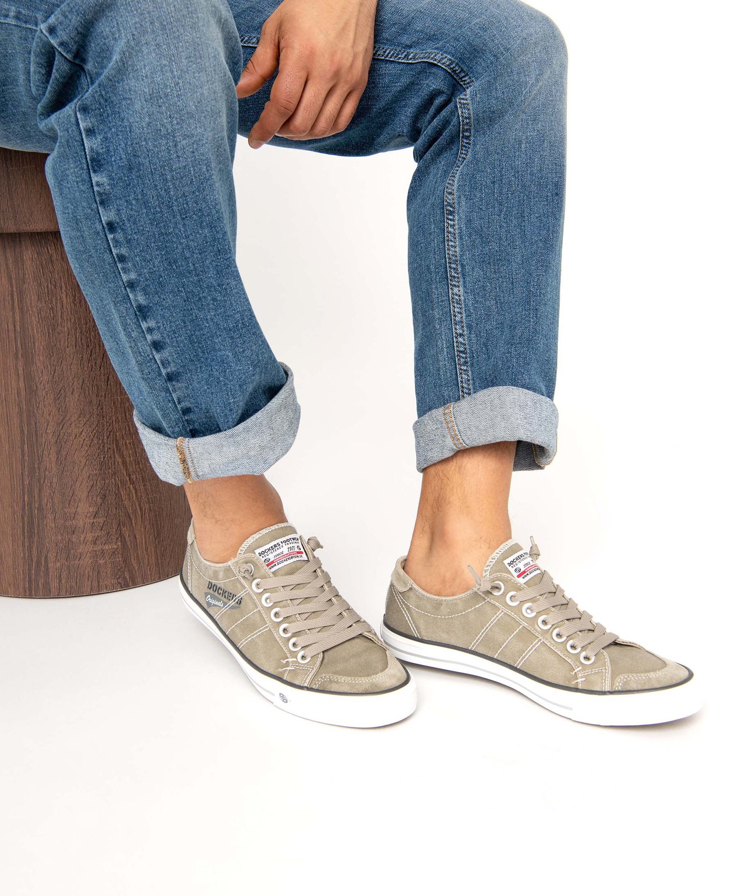 Baskets homme en toile denim unie à lacets - Dockers beige | GEMO