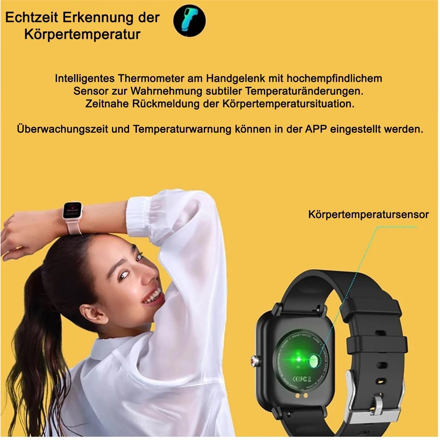 Manike T45MH Smartwatch (4,3 cm/1,69'' HD Voll Touchscreen Zoll) Spar - Set, mit wechselband aus weichem Silikon und Ladenkabel, Herzfrequenzmesser, Analyse von EKG-Daten, Blutdruckmessgerät