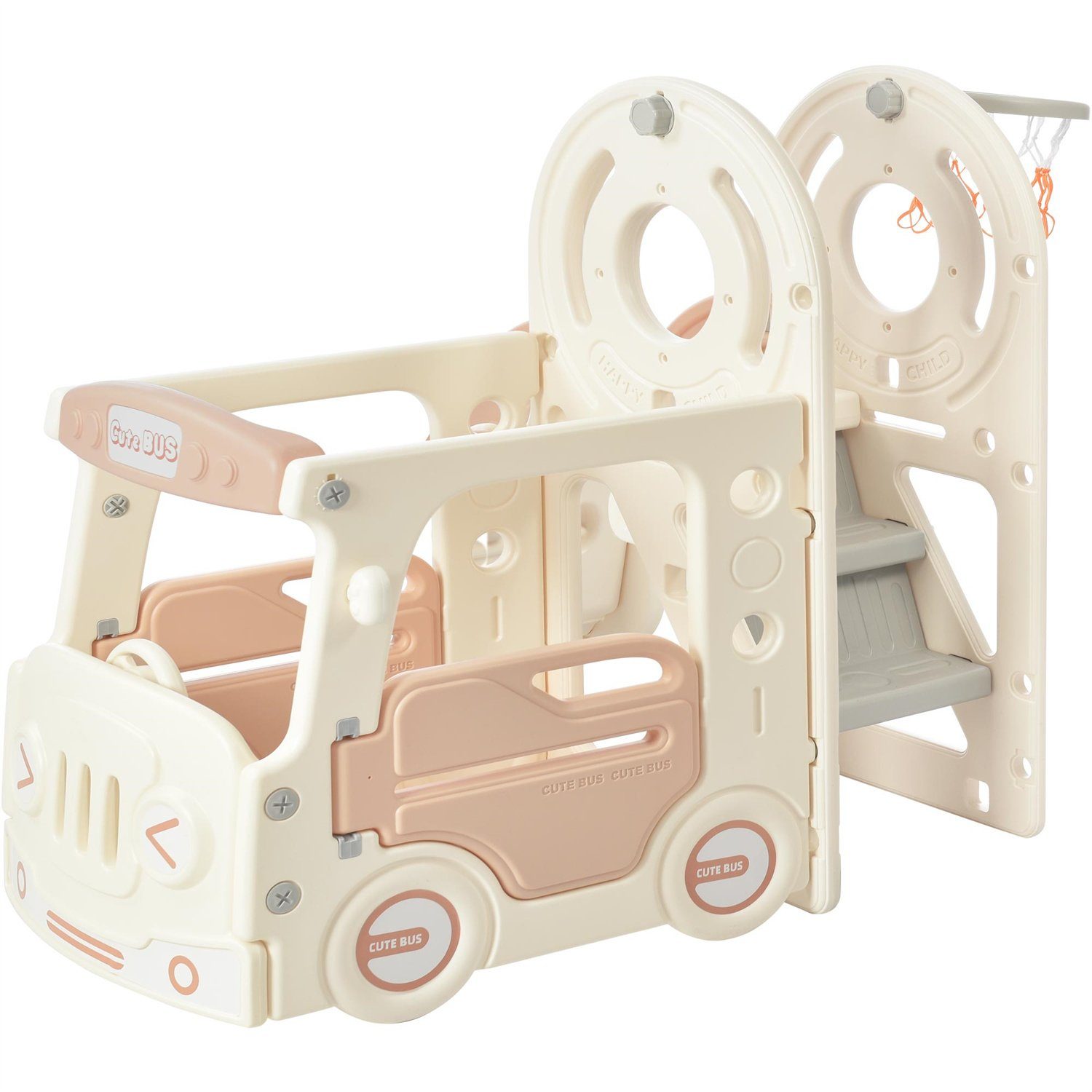 Fangqi Indoor-Rutsche 4-in-1-Kinderrutsche, Indoor-Spielzeug, Rutschenset,Weihnachtsgeschenk, (mit Bus, Rutsche, Aktivitätsleiter, Basketballkorb und passenden Basketbällen)