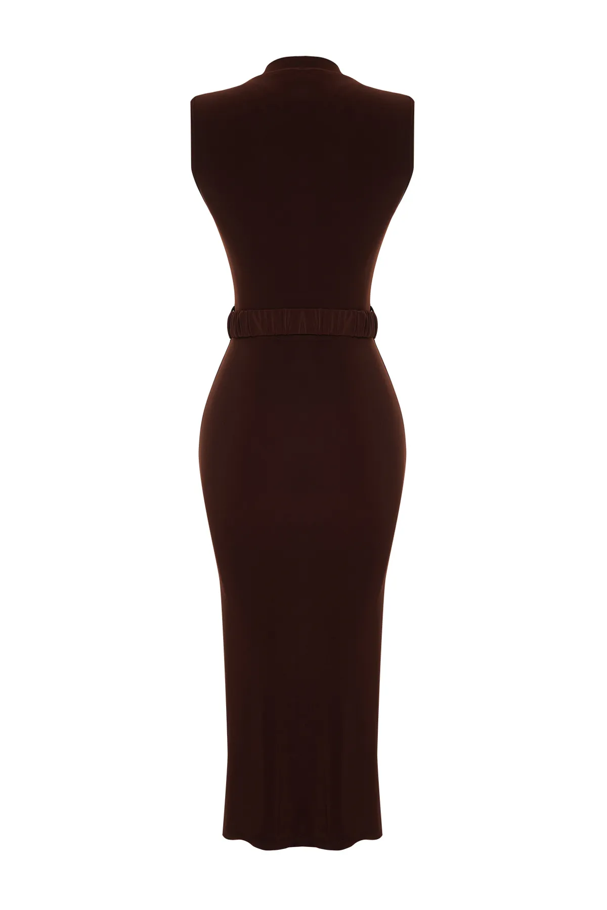 Trendyol Collection  Dunkelbraunes, figurbetontes, drapiertes Midi-Bleistiftkleid aus flexiblem Strick mit Gürtel TWOSS22EL0756