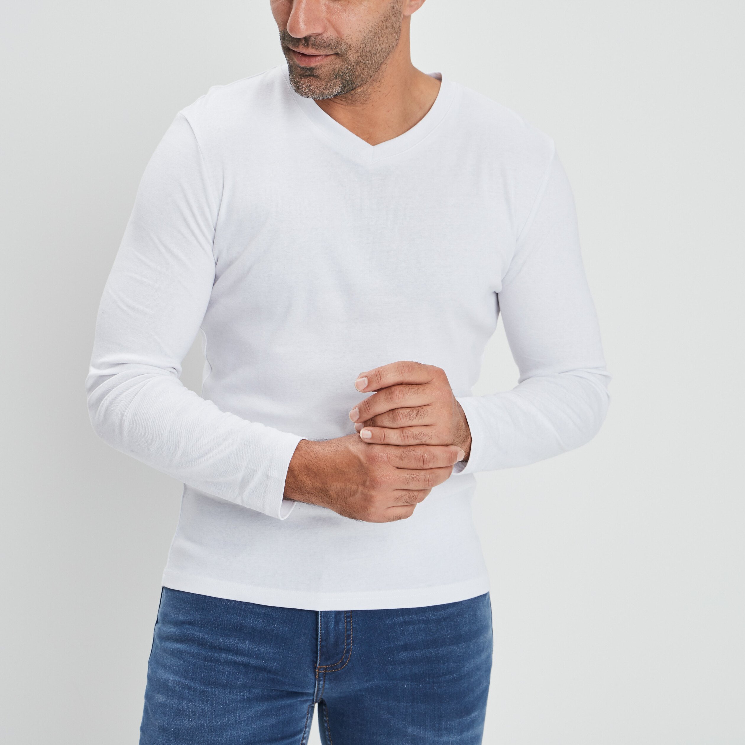T-shirt manches longues col V blanc homme | La Halle