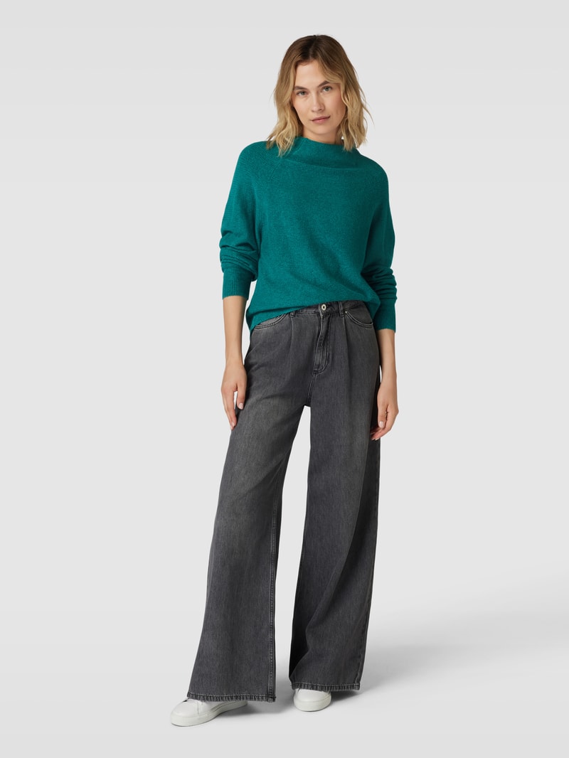 Strickpullover mit Lanawoll-Anteil und Rippenstruktur in petrol