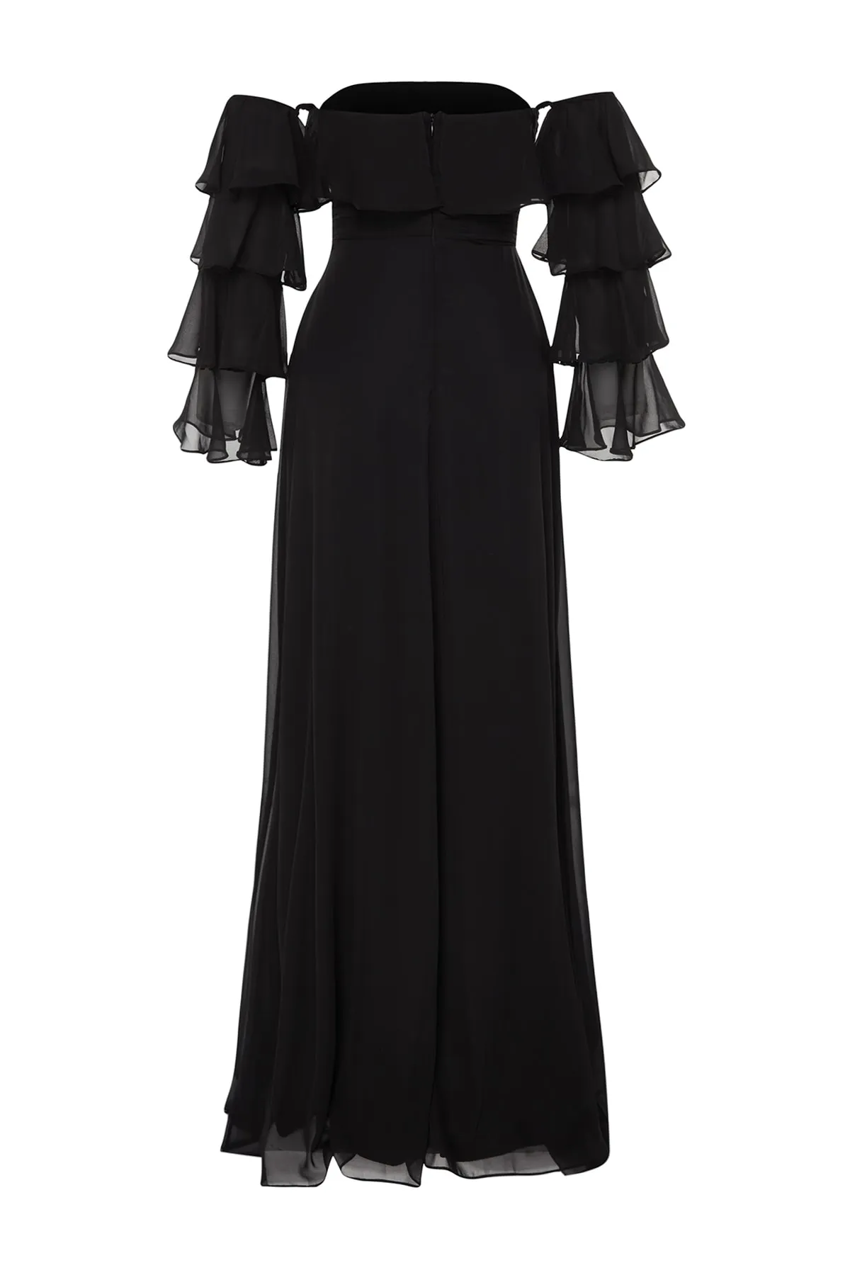 Trendyol Collection  Schwarzes langes Abendkleid aus Chiffon mit Taillenöffnung/Skater-Futter TPRSS23AE00084