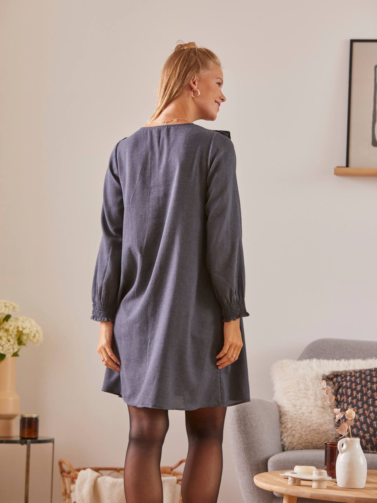 Vertbaudet Flanellkleid mit Stickerei, Schwangerschaft & Stillzeit - schwarz