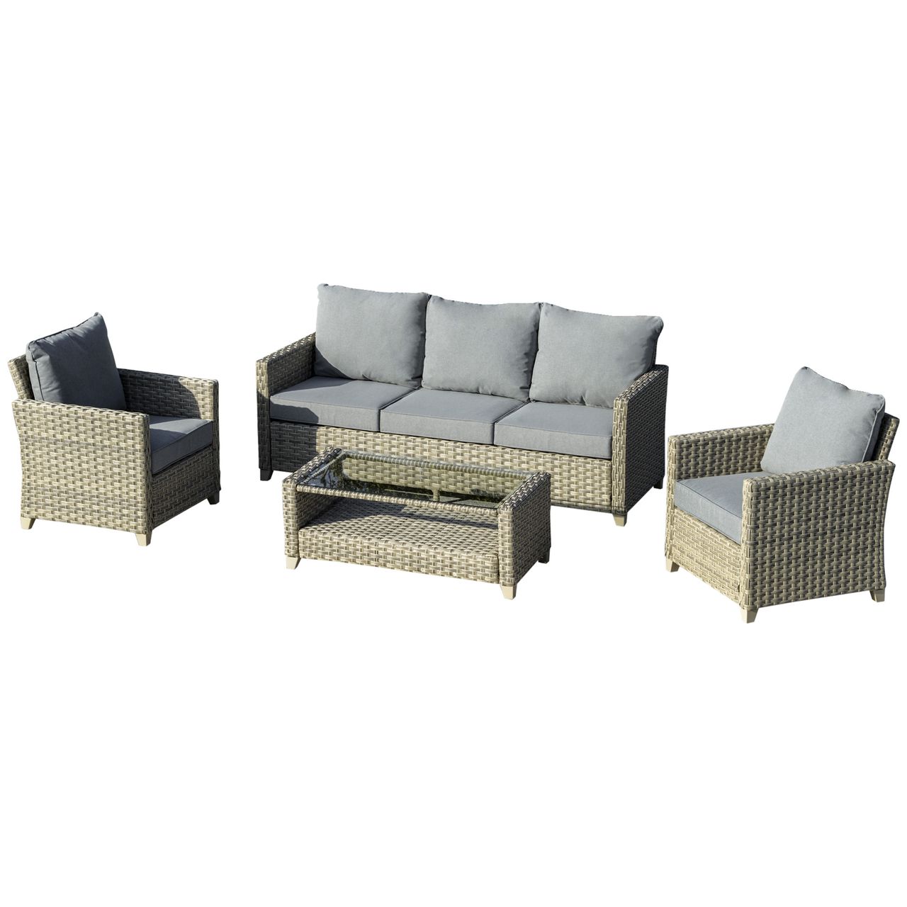 Outsunny 4-tlg. Polyrattan Gartenmöbel Set Sitzgruppe mit Couchtisch Alu Braun