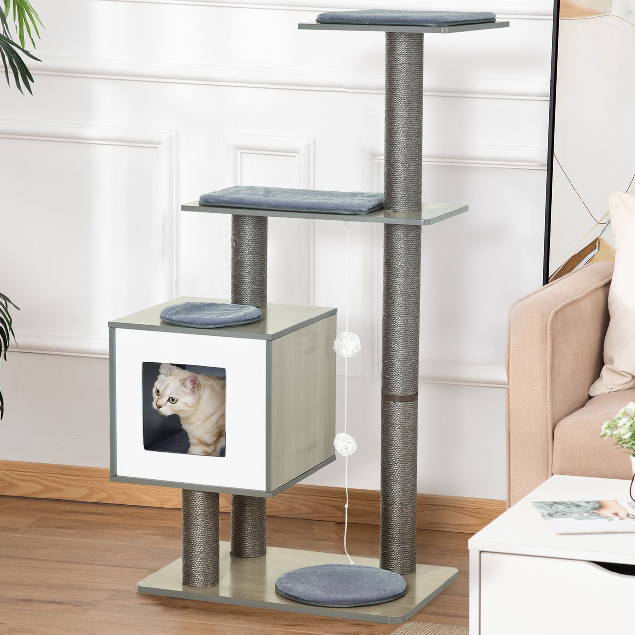 PawHut Katzenkratzbaum Katzenbaum Katzenspielzeug Kletterbaum Sisal Polster Liegefläche mit Ball Grau 71,5 x 49,5 x 120 cm