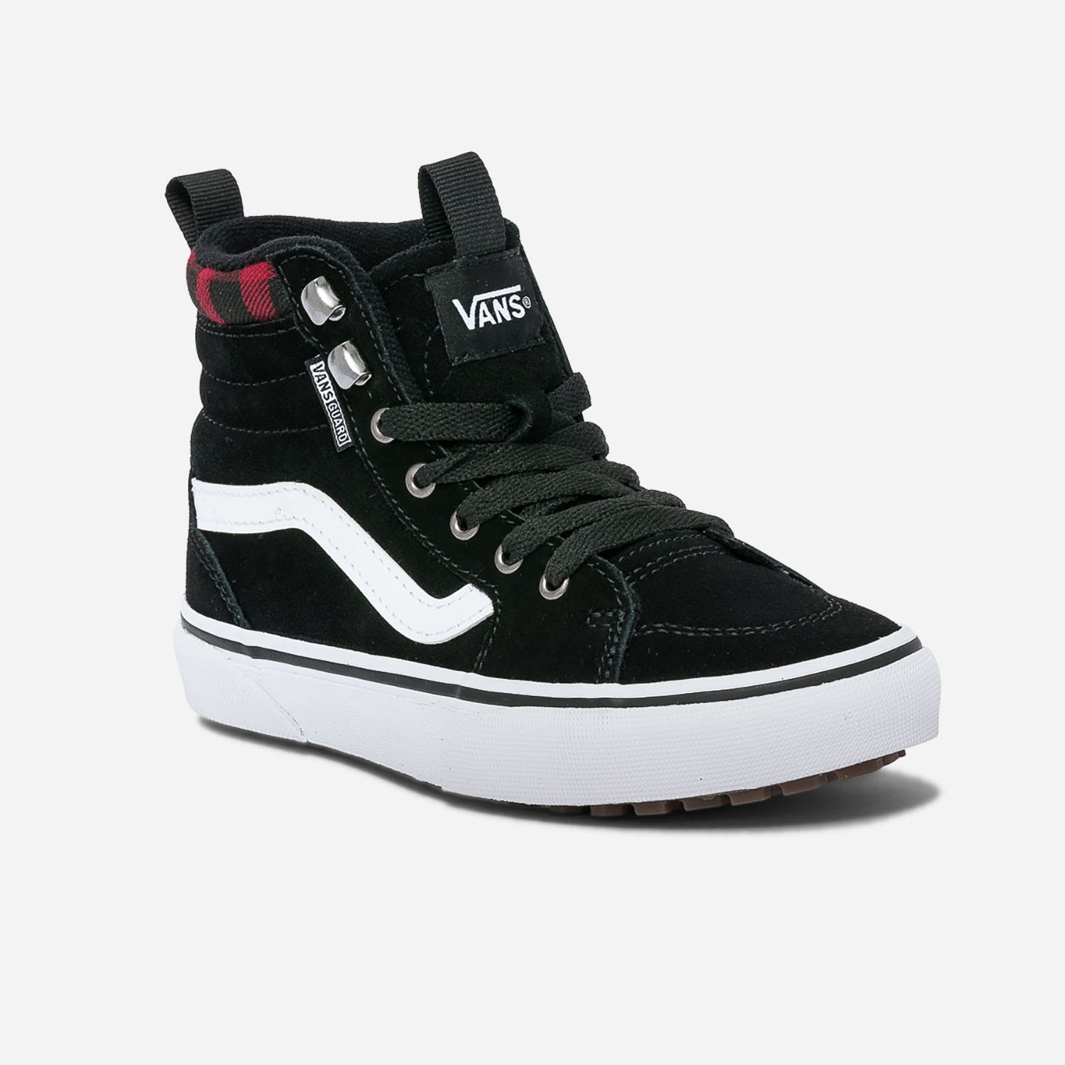 Basket VANS noire en cuir velours avec damier rouge