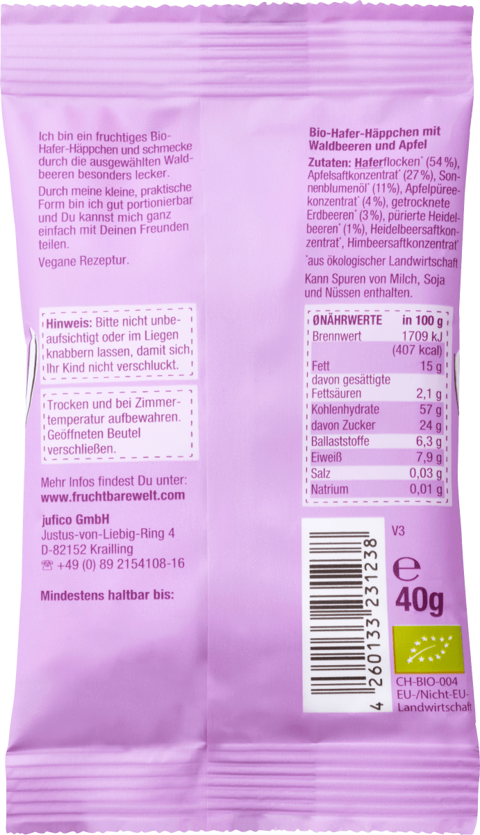 Kindersnack Hafer-Häppchen, Waldbeere, Apfel & Hafer ab 12 Monaten, 40 g