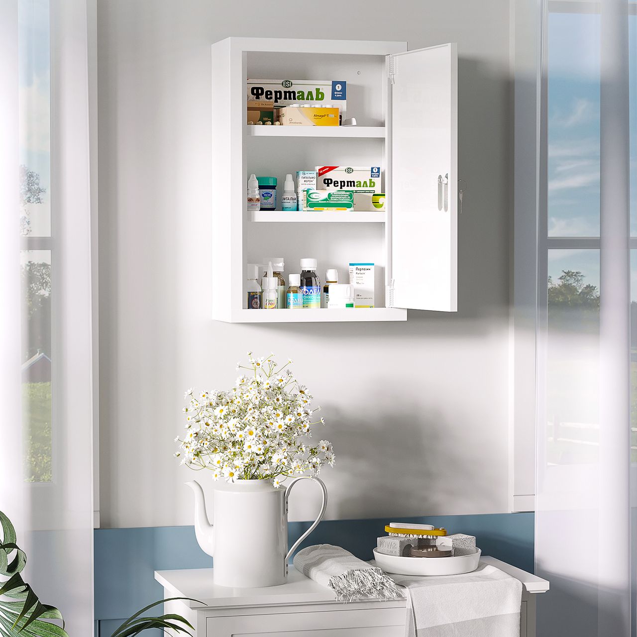 kleankin Medizinschrank, Apothekerschrank mit 3 Fächern, 2 Schlüsseln, Stahl