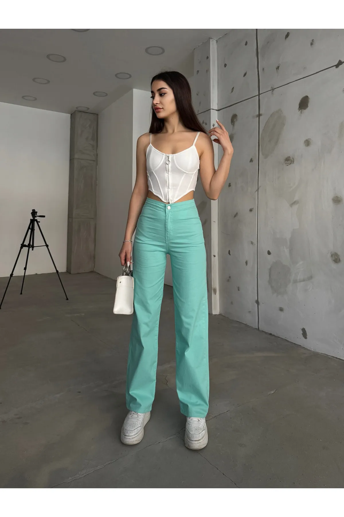 BİKELİFE  Mintgrüne Lycra-Palazzo-Hose mit hoher Taille für Damen