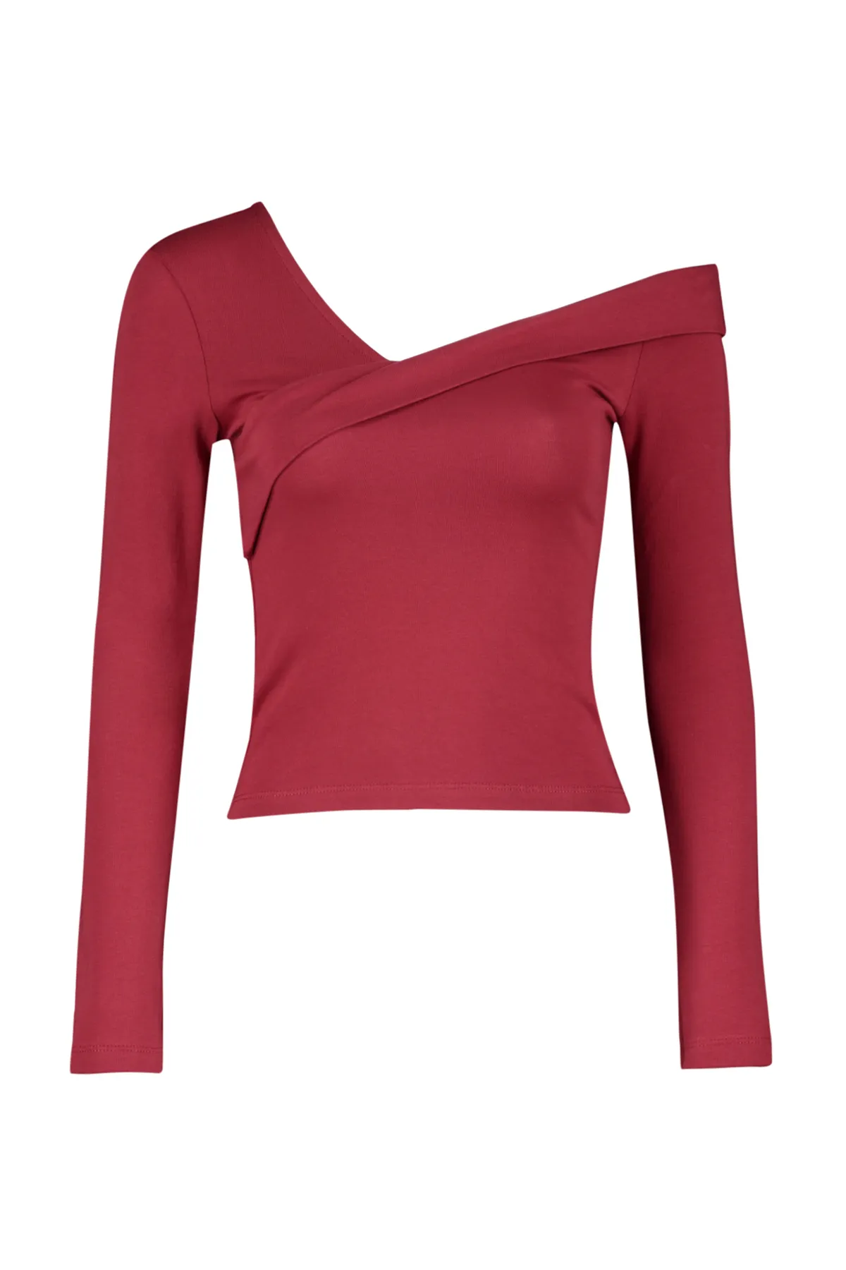 Trendyol Collection  Burgunderrote, eng anliegende, kurz geschnittene Strickbluse aus Baumwolle mit dehnbarem Volant TWOAW24BZ00161