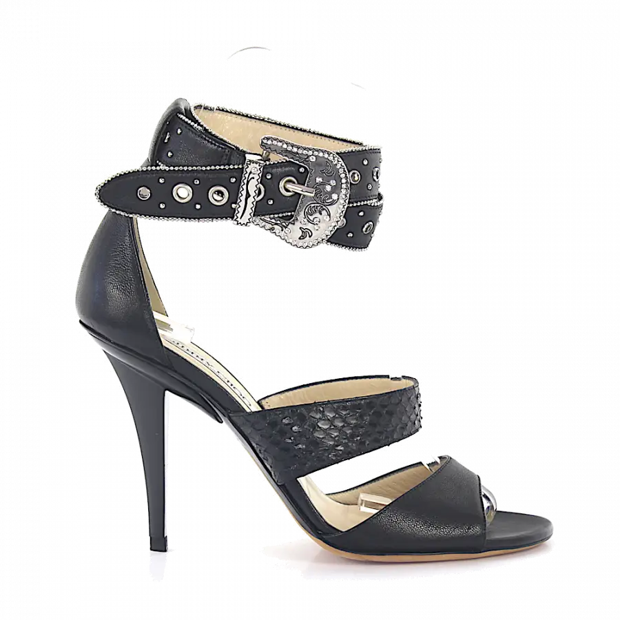 Jimmy Choo - Sandalen Kalbsleder Kristallverzierung Nieten Prägung schwarz - schwarz