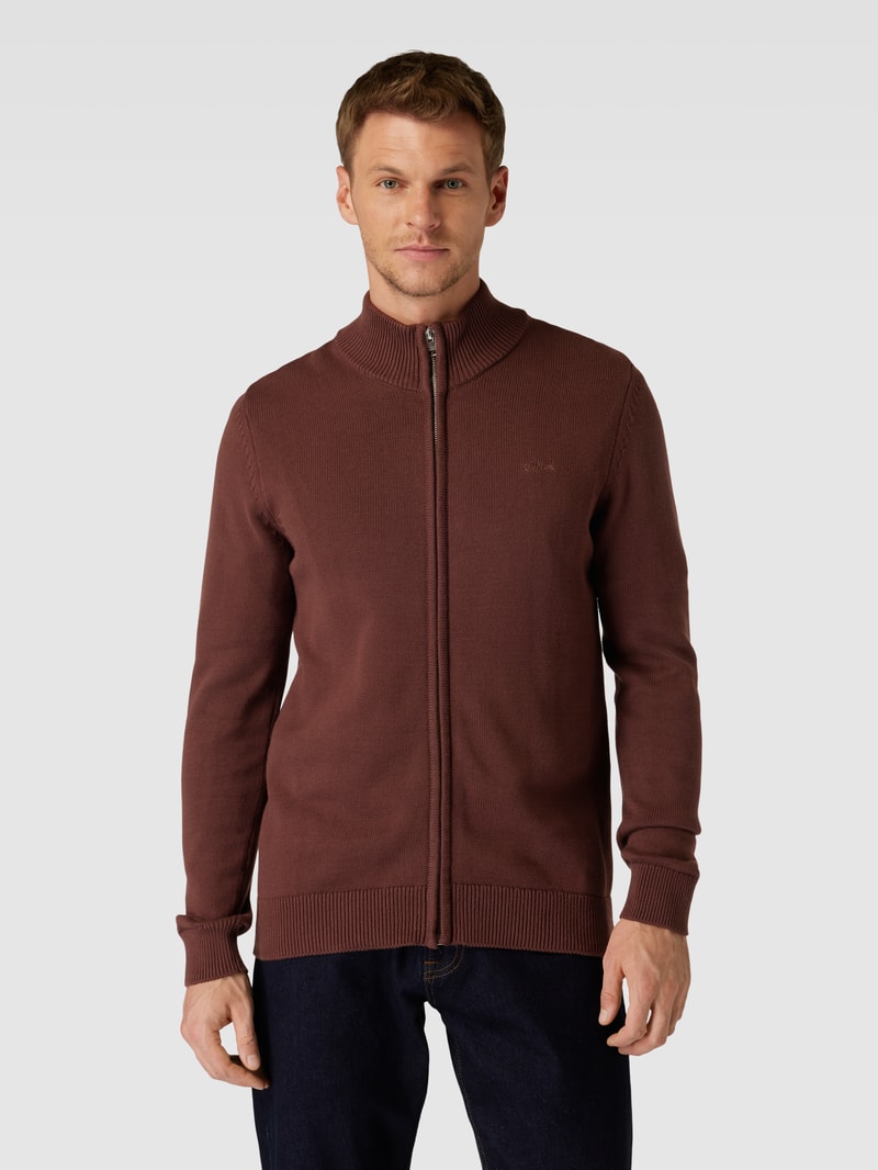 Strickjacke mit Label-Stitching Modell 'STAND JACKET' in bordeaux rot