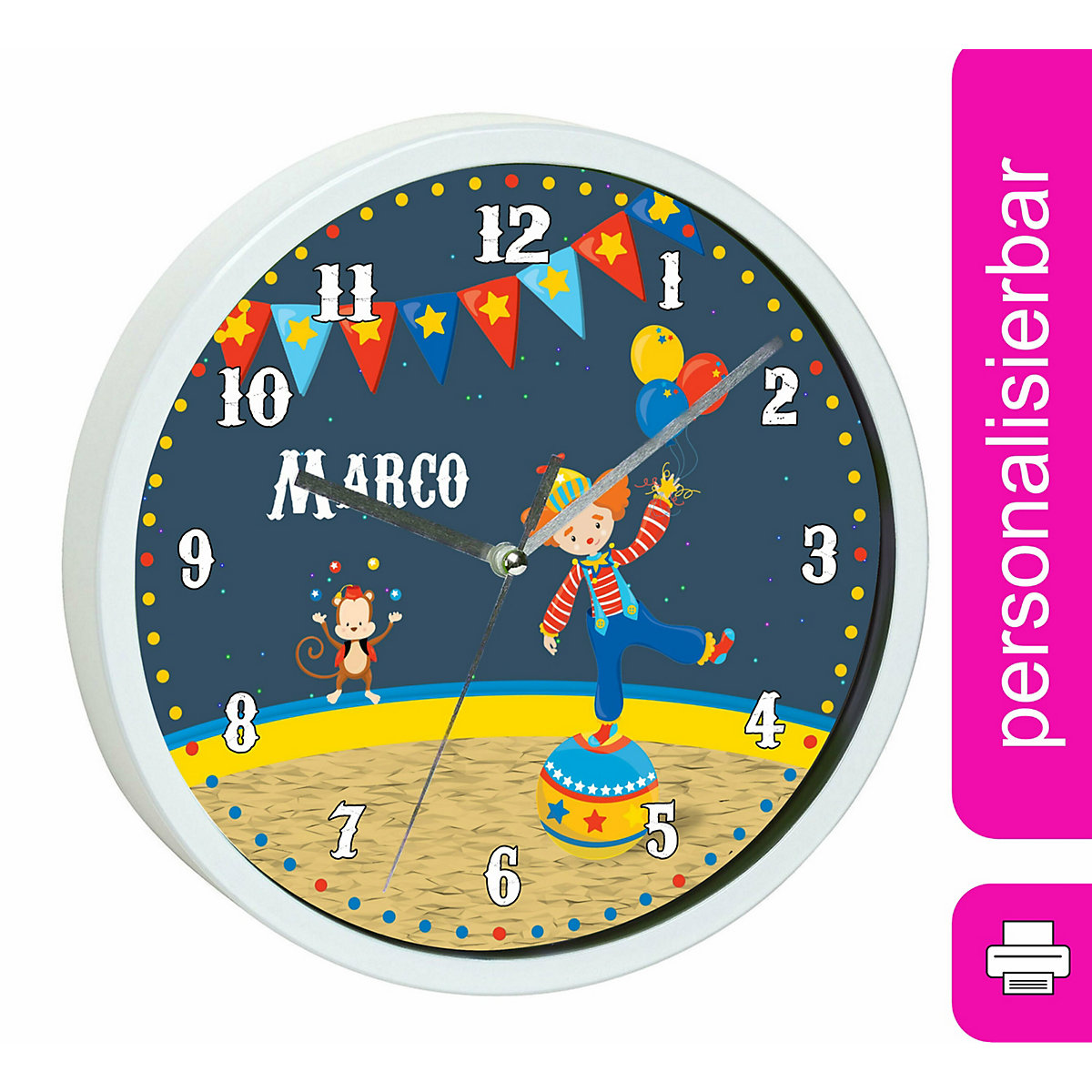 Kinder Wanduhr personalisiert mit Name Circus