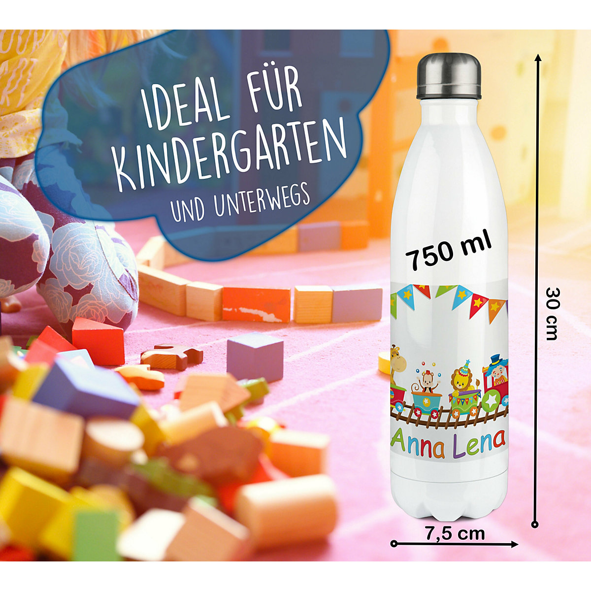 Edelstahl Kinder Thermoflasche / Trinkflasche bunt Zug Spülmaschinenfest, Auslaufsicher, Bruchfest, Doppelwandig, Für Heißgetränke geeignet, Mit Deckel, Isoliert