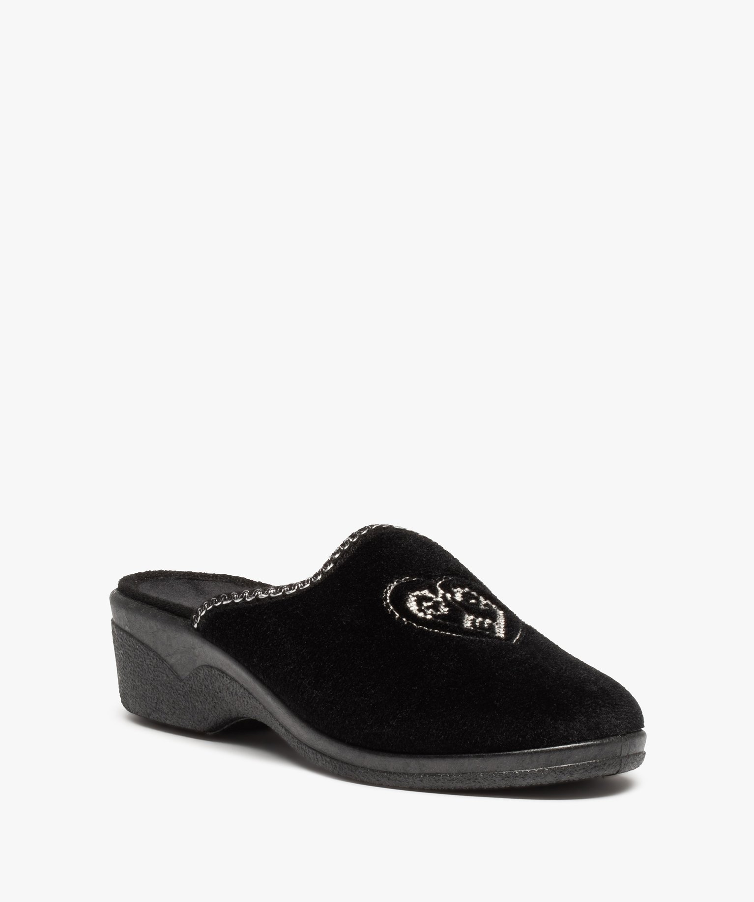 Chaussons femme mules confort en velours brodés cur noir | GEMO