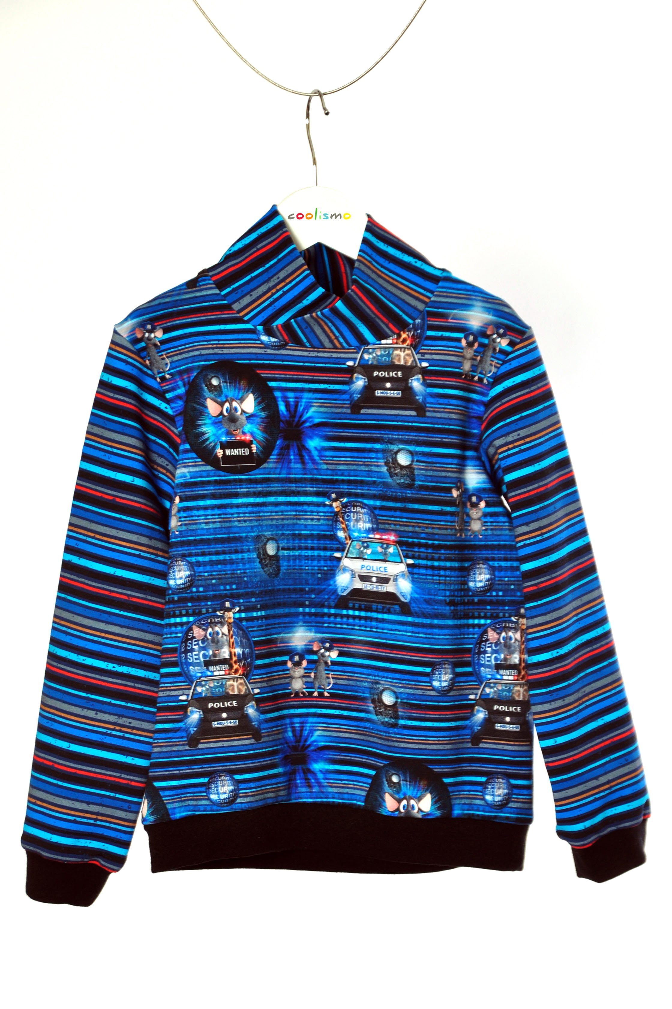 coolismo Sweater Kindersweatshirt gestreift mit Mäusen und Polizeiauto Baumwolle, europäische Produktion