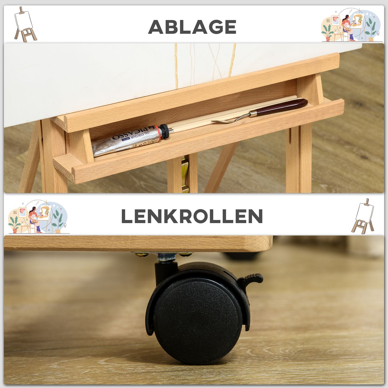 Vinsetto Staffelei Standstaffelei Klappbare Atelierstaffelei mit Rollen Holz