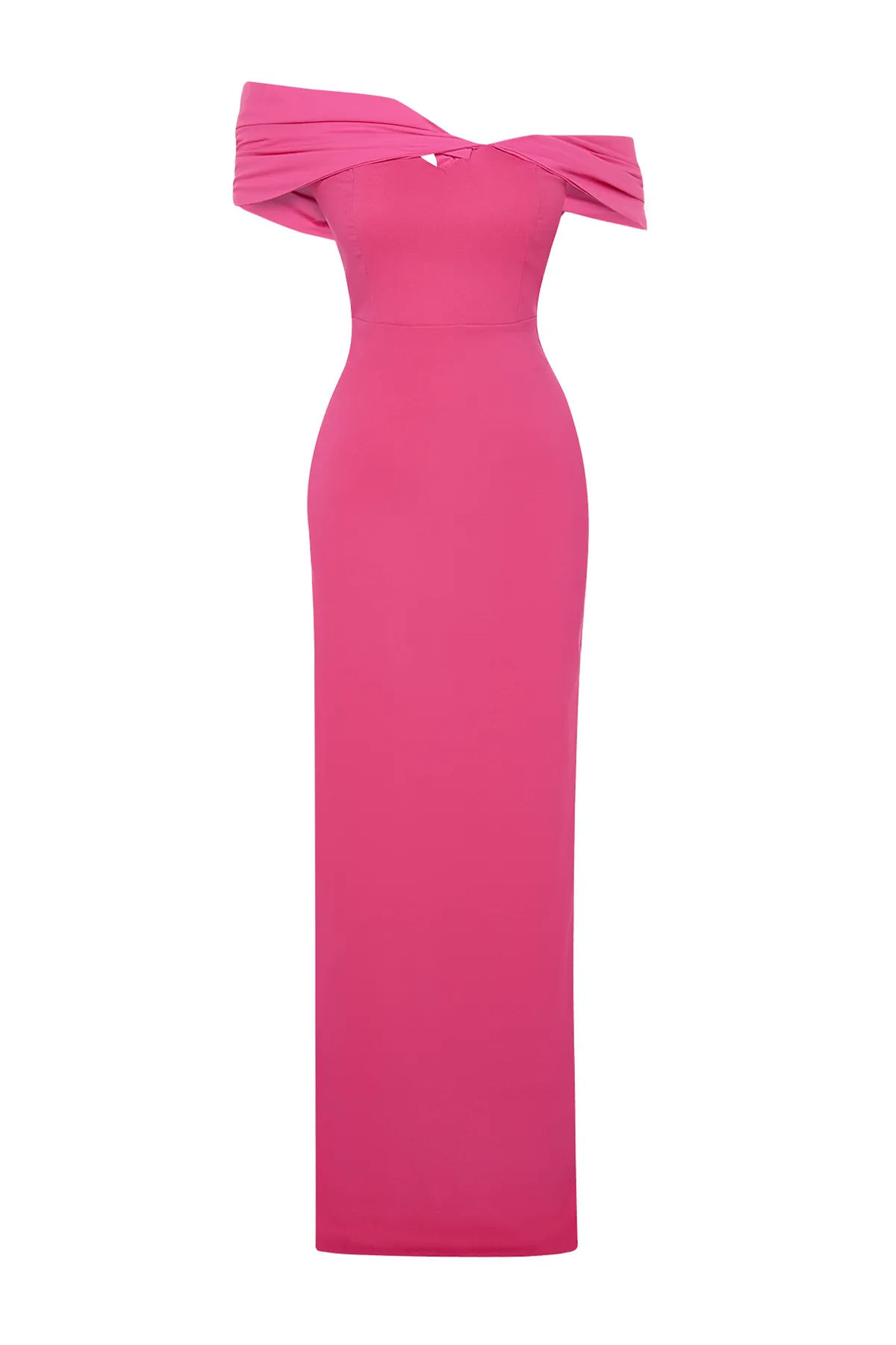 Trendyol Collection  Rosafarbenes, figurbetontes, asymmetrisches Popeline-Abendkleid mit detailliertem Kragen TPRSS24AE00084