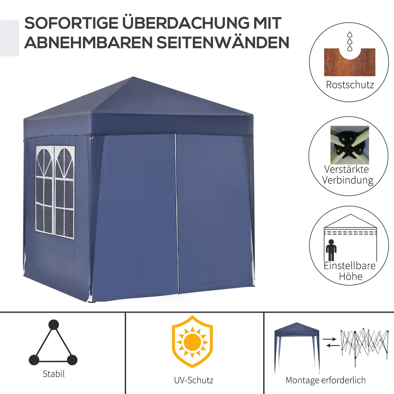 Outsunny Pavillon 2x2m Faltpavillon 4 Seitenwände mit Fenster Tragetasche Stahl