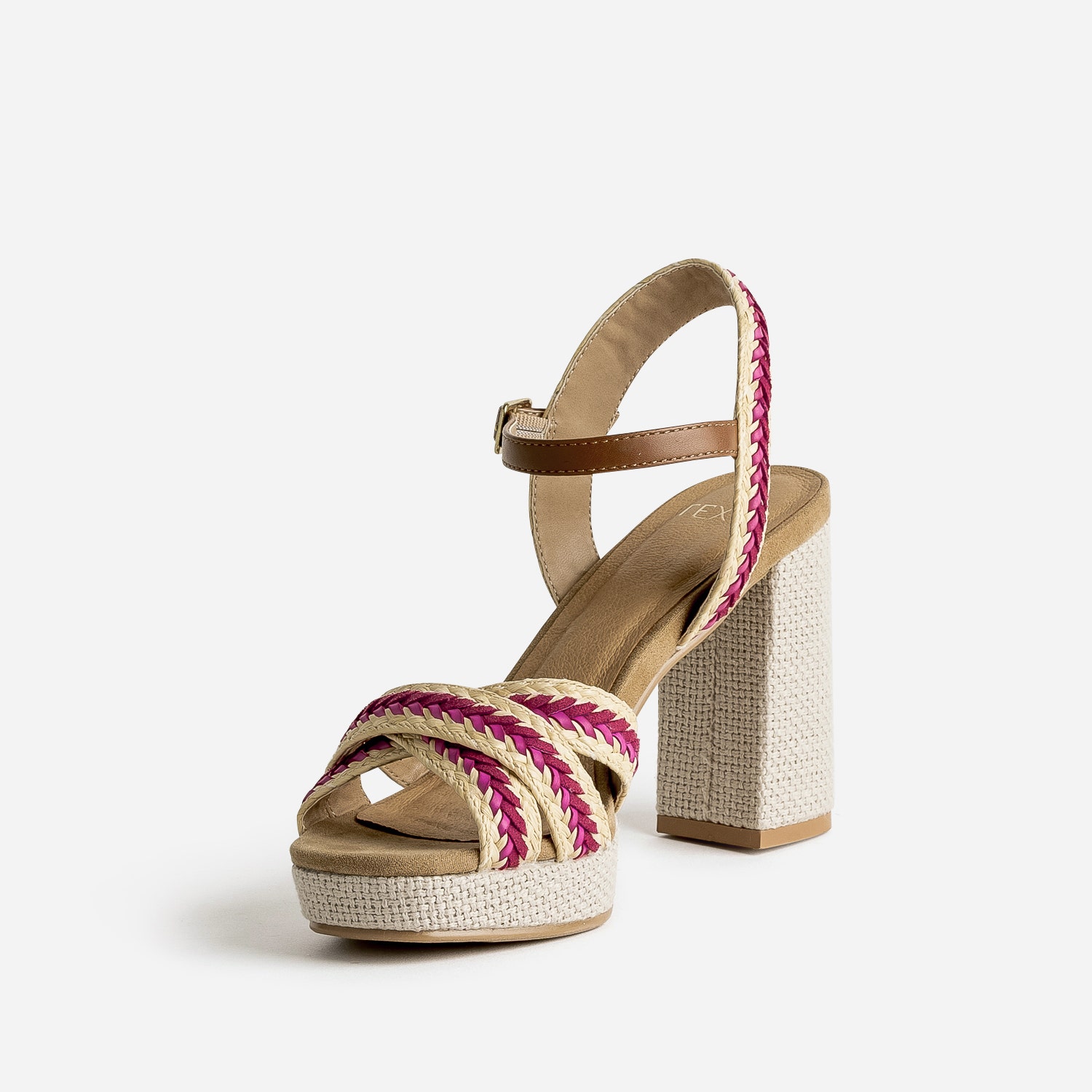 Sandale plateforme TEXTO beige tressée rouge et rose