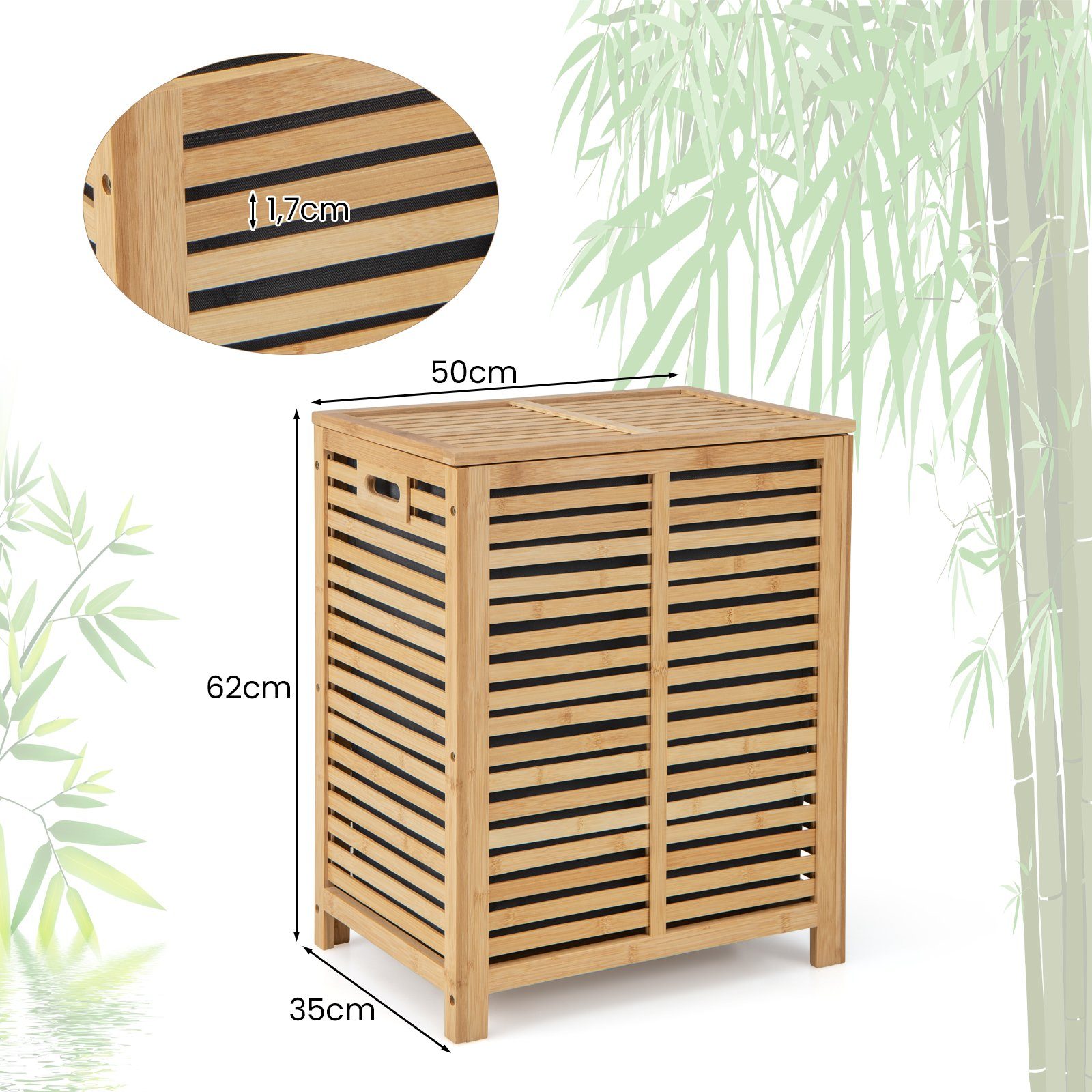 COSTWAY Wäschekorb, Bambus, 80L, mit Deckel & ausnehmbarem Wäschesack, Natur