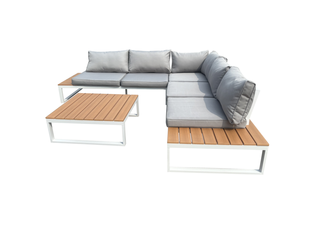 Happy Home Happy Home 14 tlg. Loungeset aus Aluminium inkl. Auflagen HGS64-HGR hellgrau mit Holzoptik