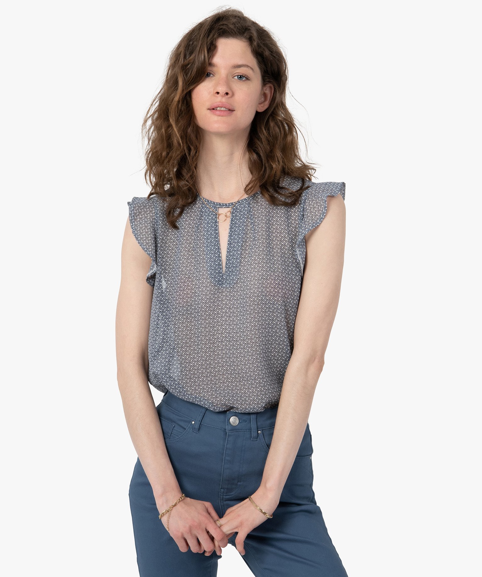 Blouse femme sans manches avec fente sur le décolleté imprime | GEMO