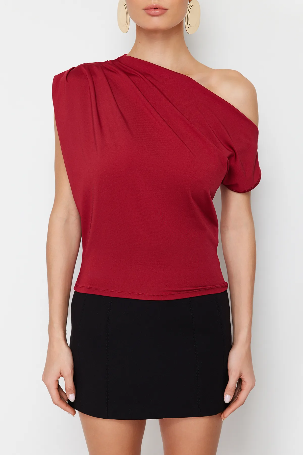 Trendyol Collection  Bordeauxrote, reguläre/normale Passform, asymmetrischer Kragen, ärmellose Stretch-Strickbluse TWOSS24BZ00396