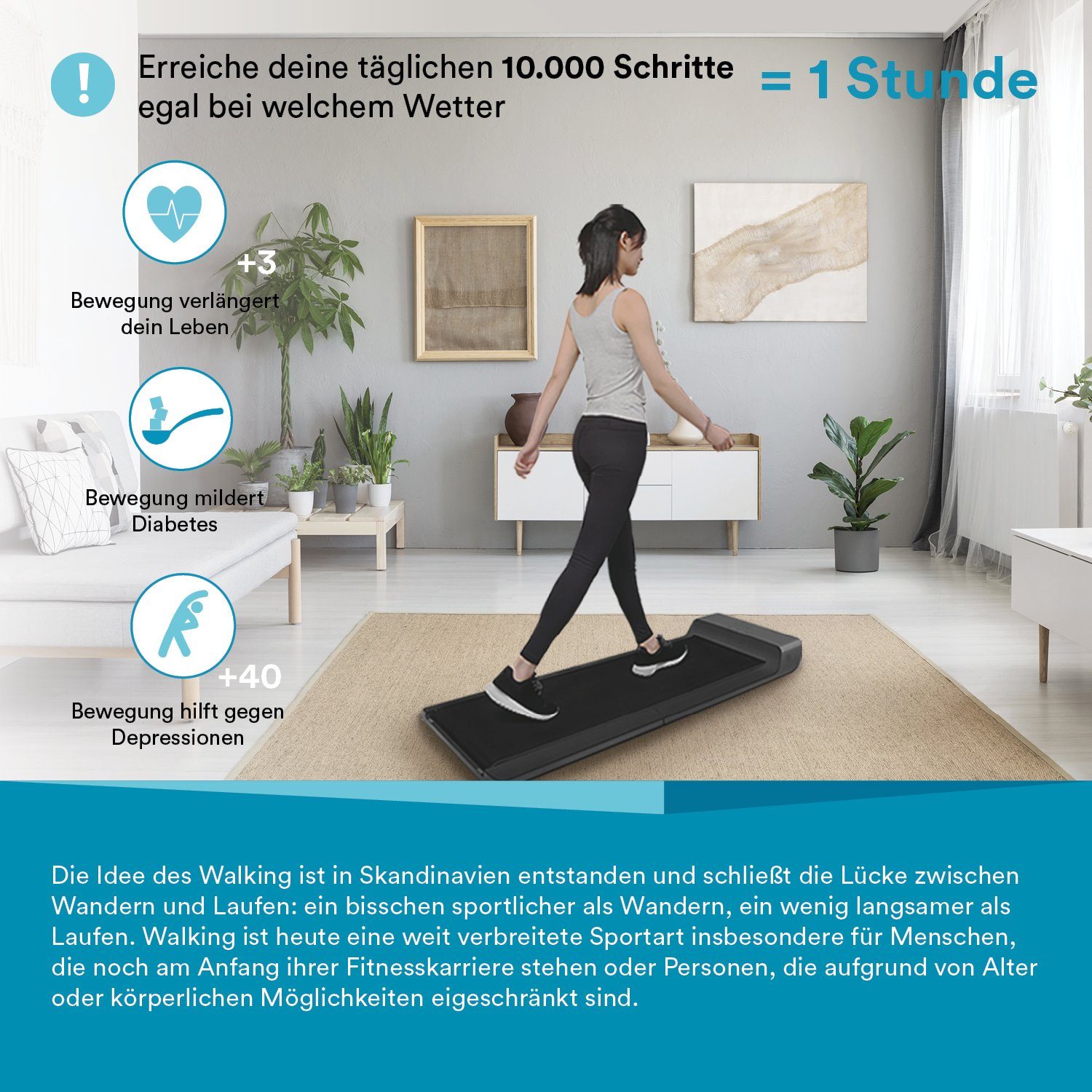 Skandika Laufband Walkingpad, Laufband bis 6km/h, klappbar, Fernbedienung, Adaptive Speedcontrol
