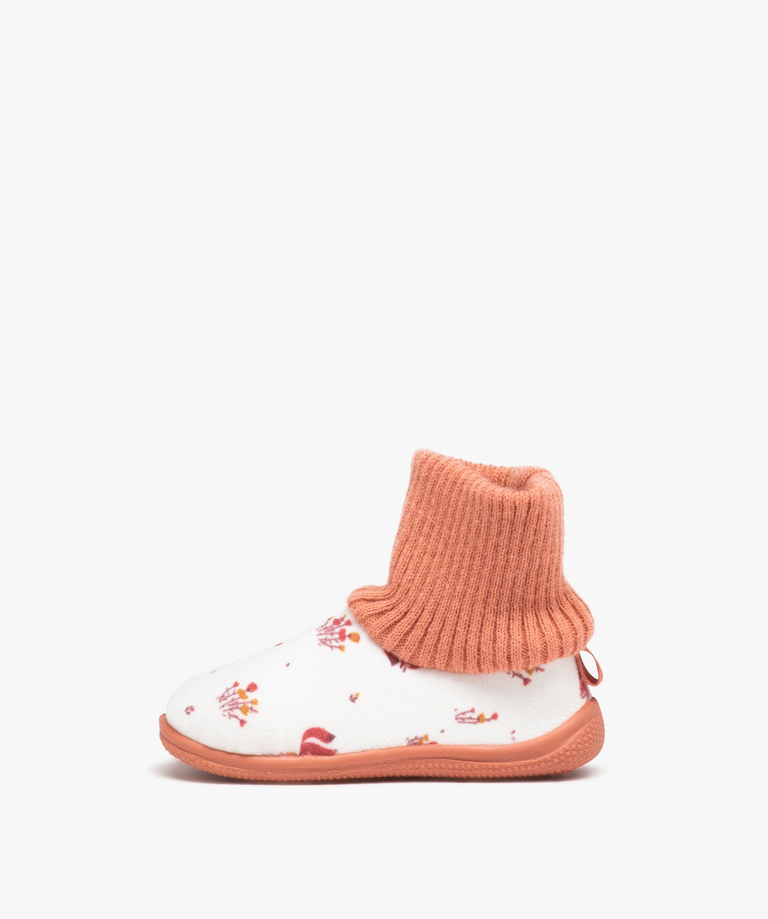 Chaussons fille imprimés en velours et à col chaussette beige | GEMO