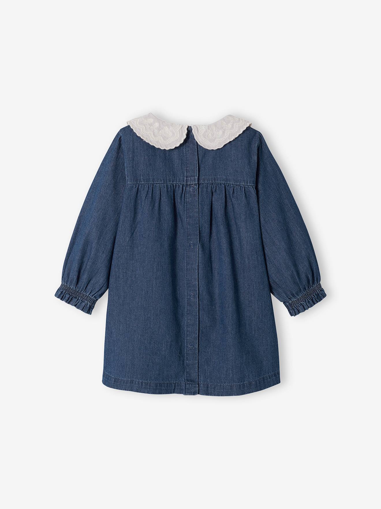 Robe en denim bébé col en voile brodé stone