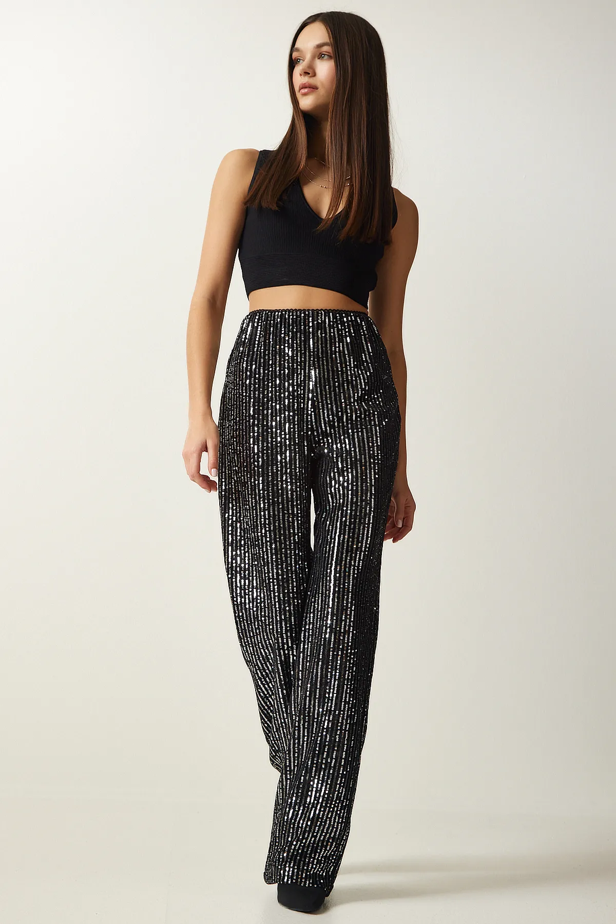 Happiness İstanbul  Graue Palazzo-Hose mit Pailletten für Damen MC00250