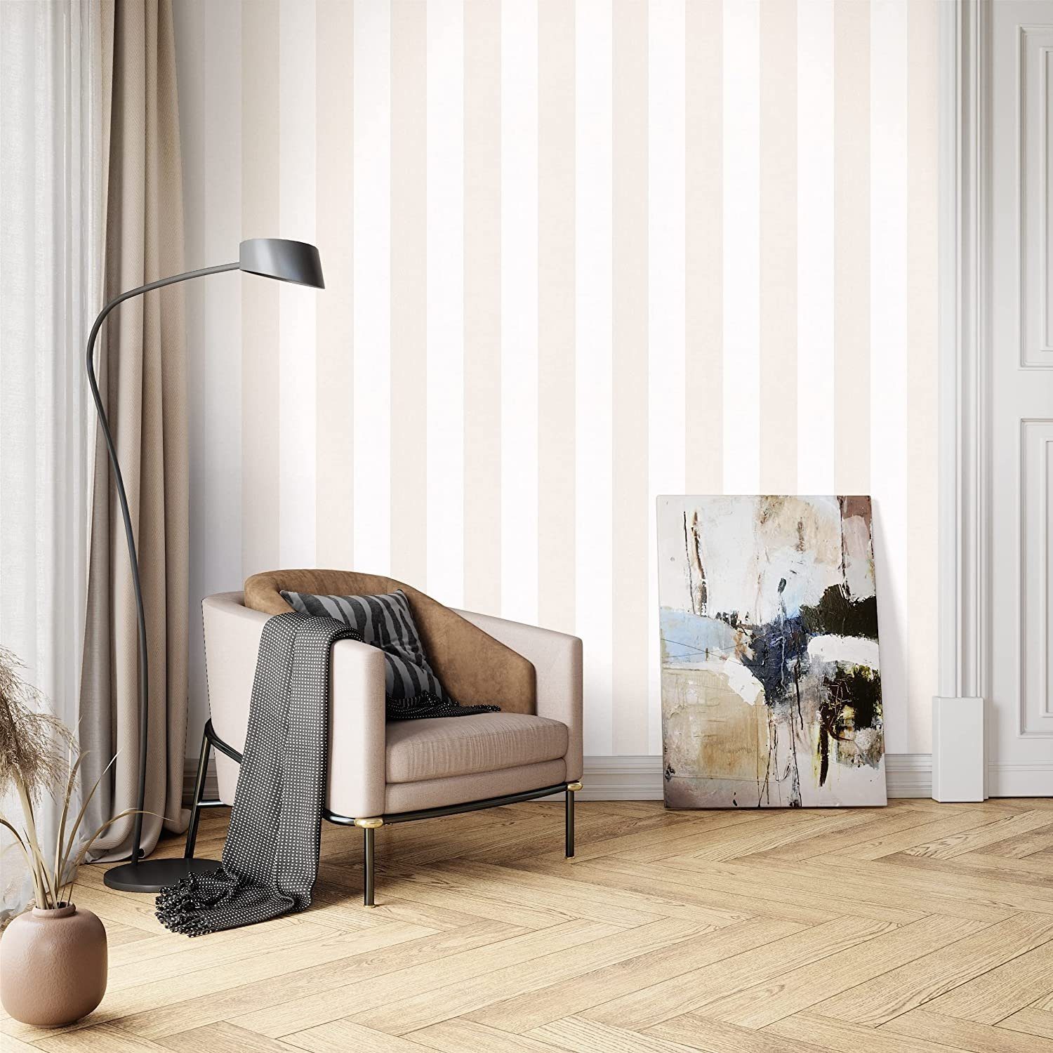 Newroom Vliestapete, Beige Tapete Landhaus Streifen - Streifentapete Weiß Modern Linien für Wohnzimmer Schlafzimmer Flur
