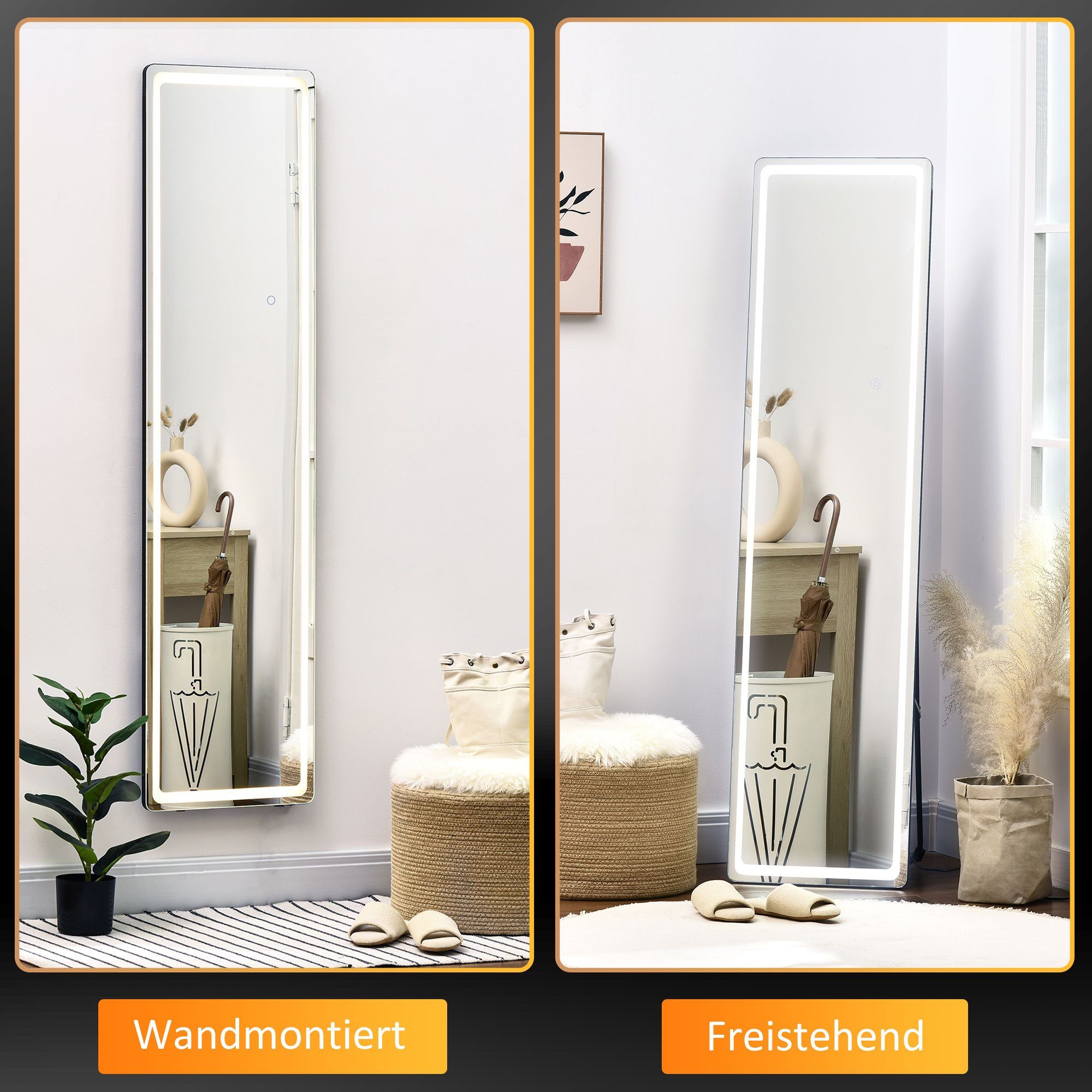 HOMCOM Standspiegel mit LED-Licht, freistehend, Aluminium, einstellbares Licht (Set, 1-St., 1 Ankleidespiegel), LED