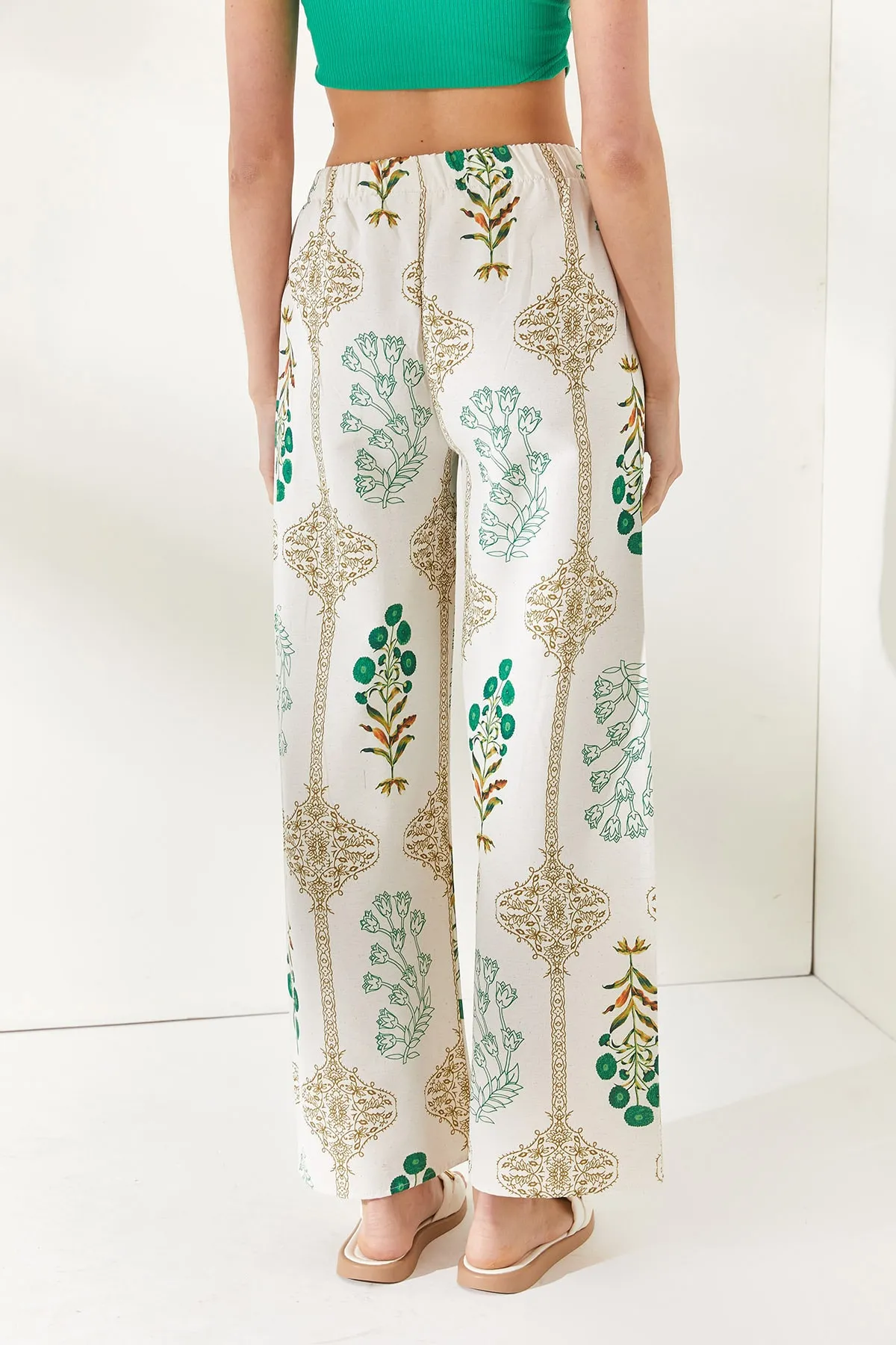 Olalook  Gemusterte Palazzo-Hose aus gemustertem Leinen für Damen in ethnischem Grün mit Gürtel PNT-19000226